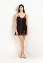 Made of silk and lace, explore the lingerie collection 2025 Winter from the house Carine Gilson with this Slip Babydoll Style V Neckline in Ebony Silk  with Ebony lace