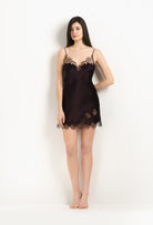 Made of silk and lace, explore the lingerie collection 2025 Winter from the house Carine Gilson with this Slip Babydoll Style V Neckline in Ebony Silk  with Ebony lace