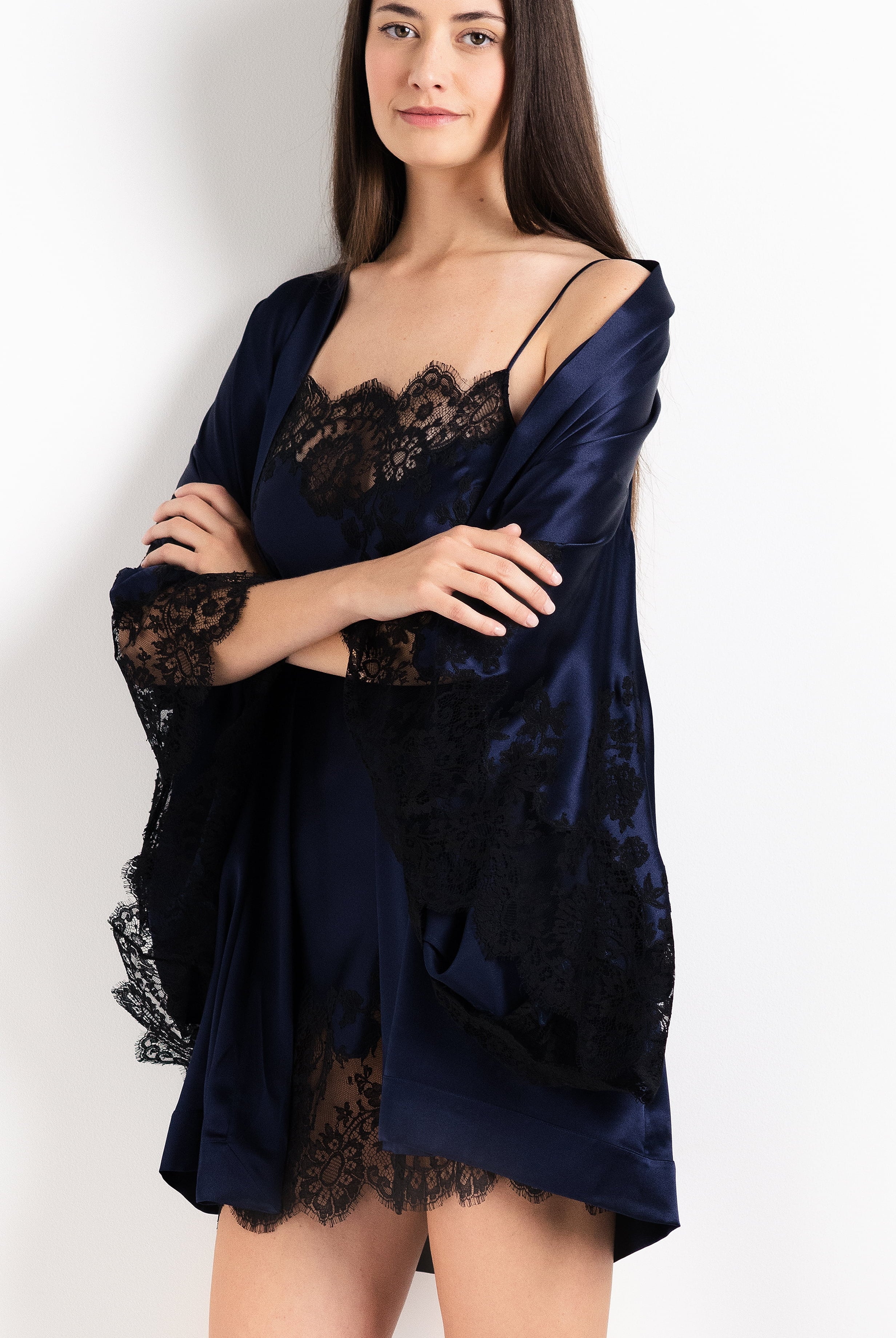 The 2026 Cruise collection from the house Carine Gilson - The most beautiful couture lingerie to be discovered with this Short Kimono Butterfly Sleeves in Dark Marine Blue Silk with black lace