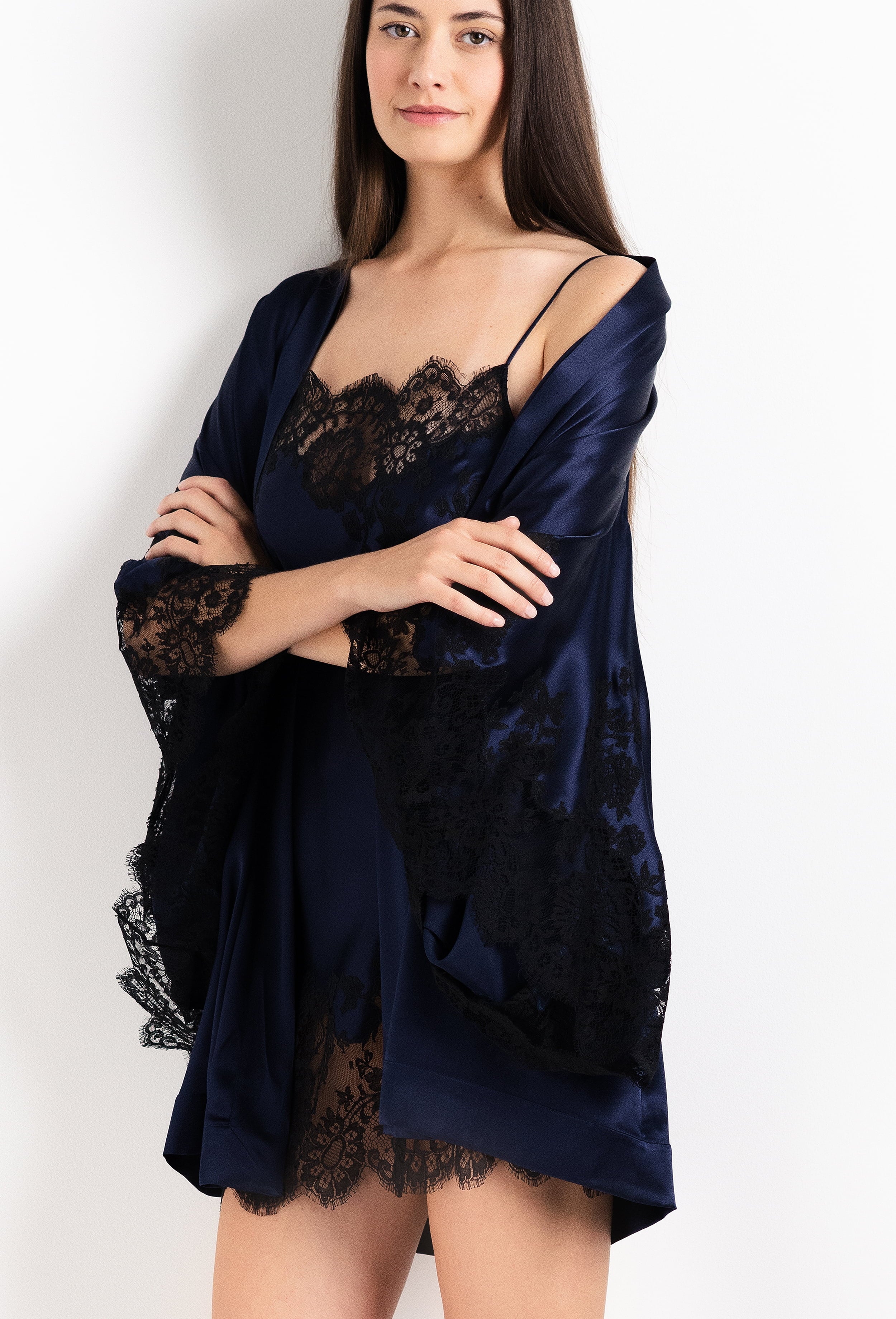 The 2026 Cruise collection from the house Carine Gilson - The most beautiful couture lingerie to be discovered with this Short Kimono Butterfly Sleeves in Dark Marine Blue Silk with black lace