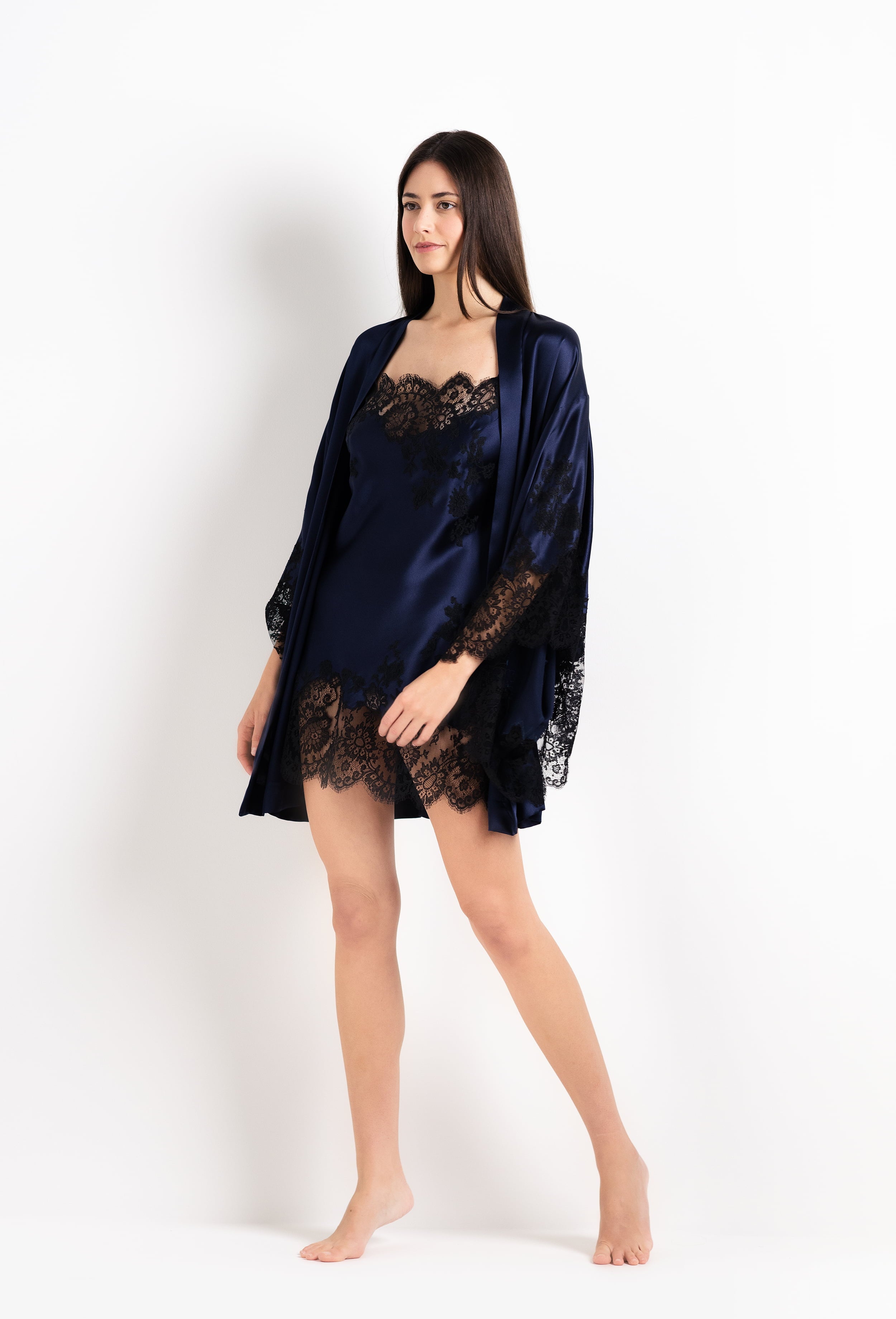 The 2026 Cruise collection from the house Carine Gilson - The most beautiful couture lingerie to be discovered with this Short Kimono Butterfly Sleeves in Dark Marine Blue Silk with black lace