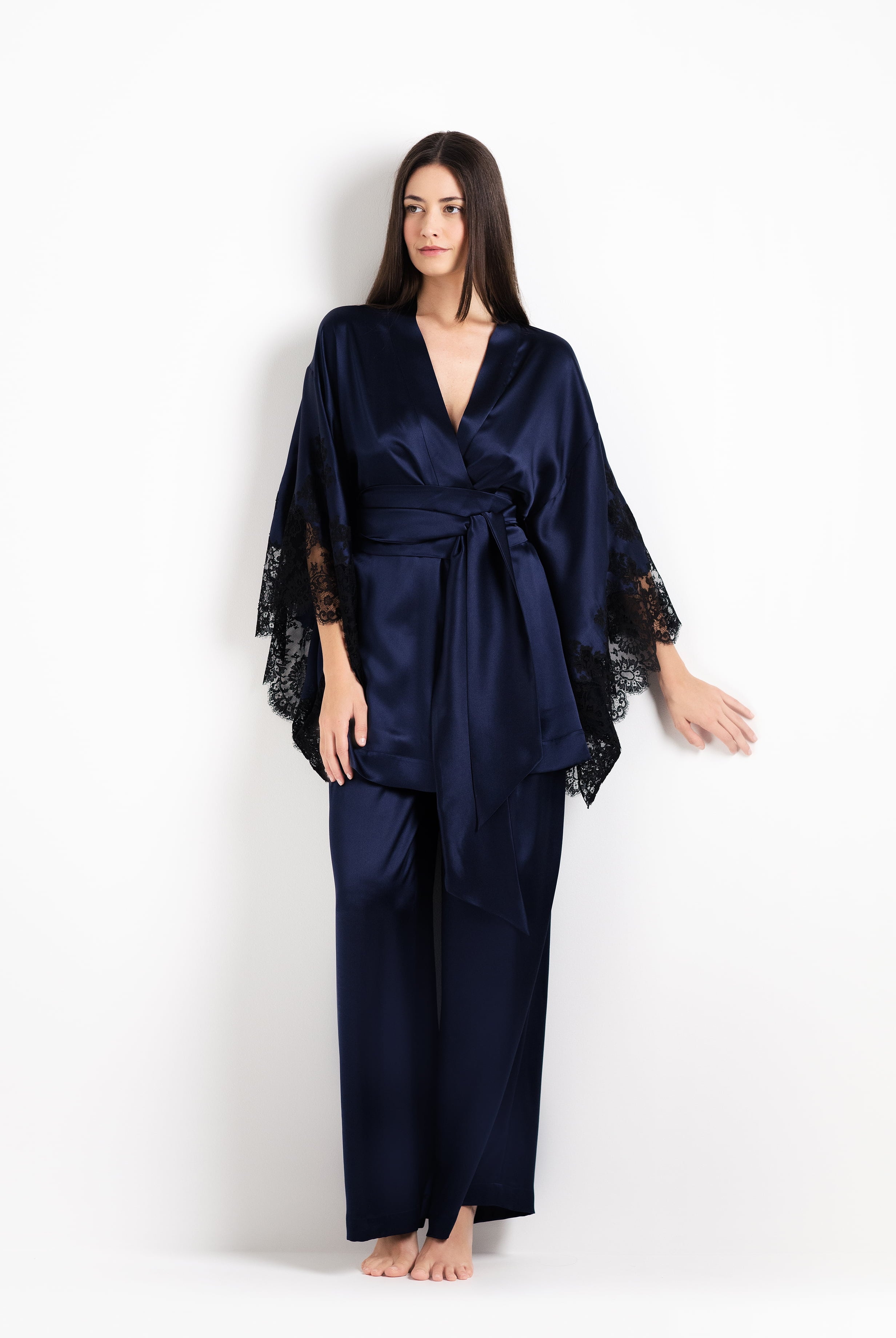 Enjoy the 2026 Cruise collection of lingerie couture from the house Carine Gilson with this Wide Leg Pajama Pants in Dark Marine Blue Silk