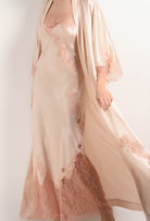 Be seduced by Carine Gilson most beautiful silk lingerie collection with this Long Kimono Classic Sleeves in powder pink Silk  with light rose lace