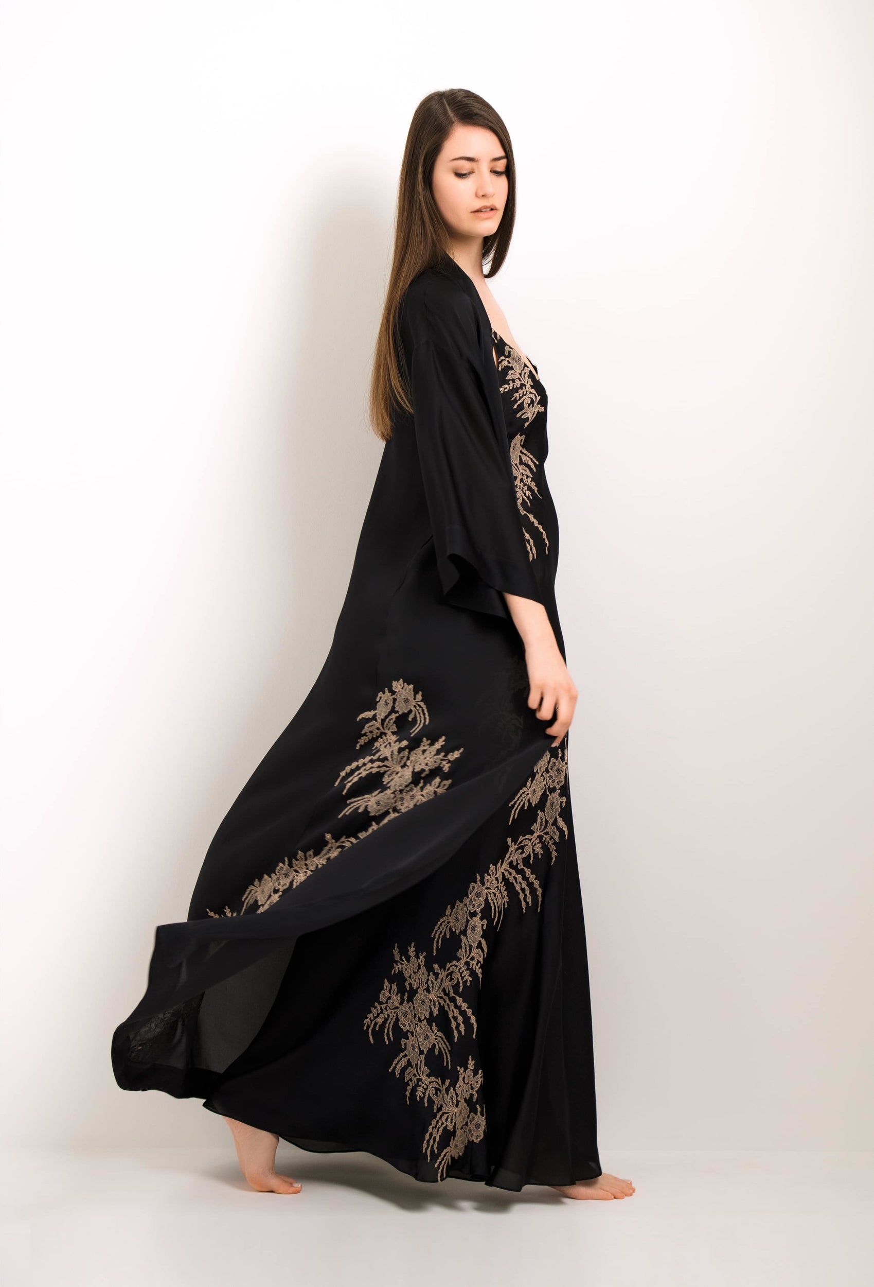 Be seduced by Carine Gilson silk lingerie collection with this Long Kimono Classic Sleeves in Black Silk with gold lace