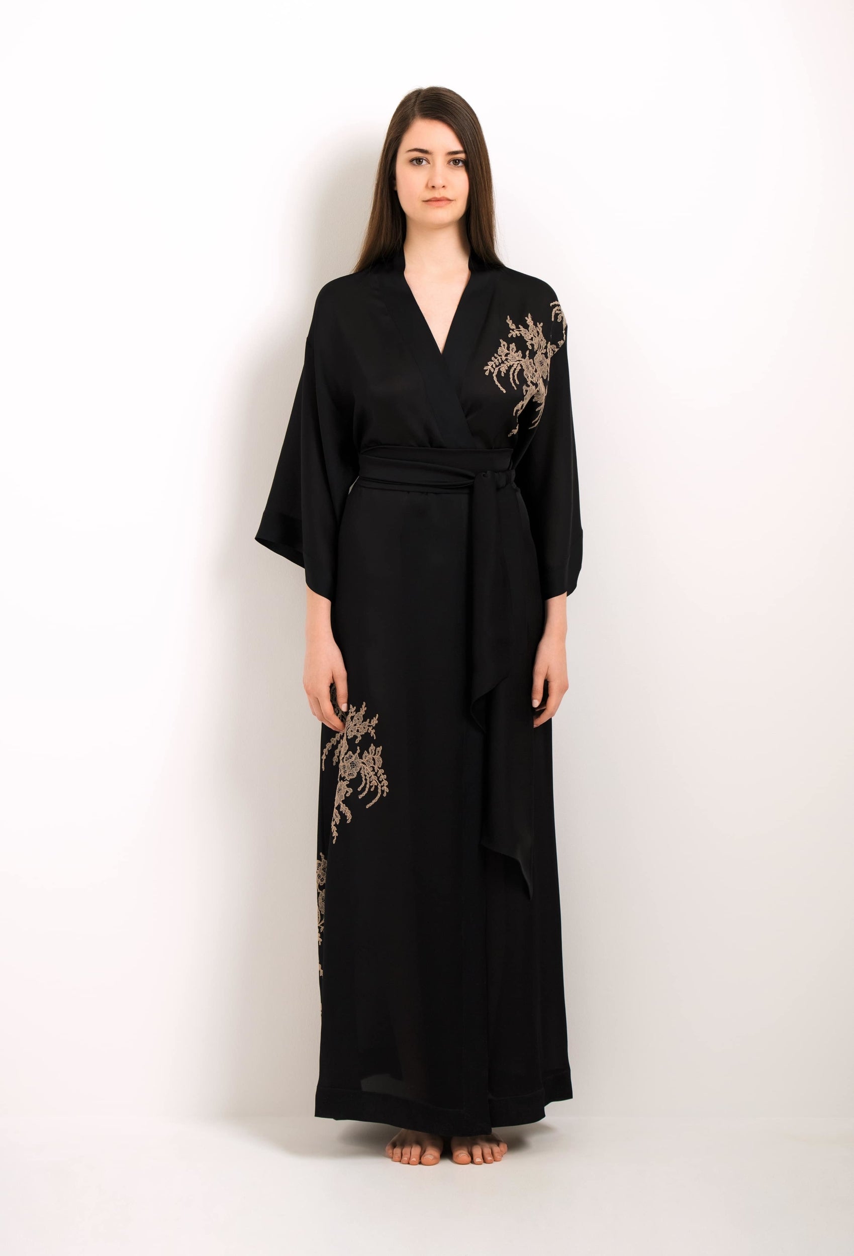 Be seduced by Carine Gilson silk lingerie collection with this Long Kimono Classic Sleeves in Black Silk with gold lace