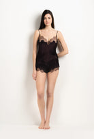 Enter Carine Gilson's world and the most beautiful silk lingerie with the 2025 Winter collection with this Camisole V Neckline in Ebony Silk  with Ebony lace