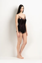 Enter Carine Gilson's world and the most beautiful silk lingerie with the 2025 Winter collection with this Camisole V Neckline in Ebony Silk  with Ebony lace