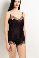 Enter Carine Gilson's world and the most beautiful silk lingerie with the 2025 Winter collection with this Camisole V Neckline in Ebony Silk  with Ebony lace