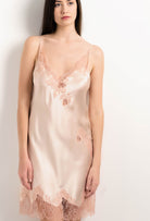 Enjoy the 2025 Summer collection of lingerie couture from the house Carine Gilson with this Slip Babydoll Style V Neckline in powder pink Silk  with light rose lace