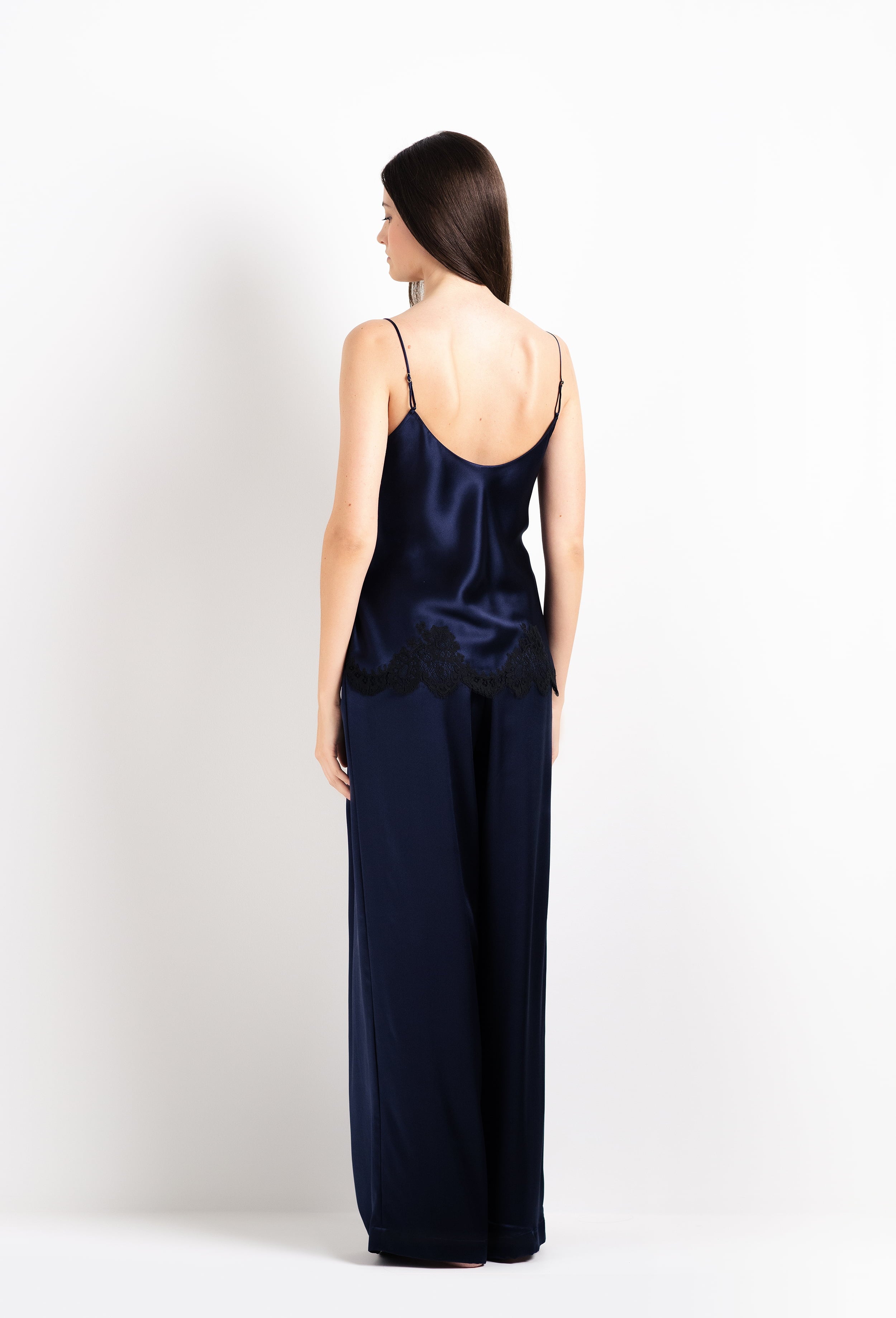 Enjoy the 2026 Cruise collection of lingerie couture from the house Carine Gilson with this Wide Leg Pajama Pants in Dark Marine Blue Silk