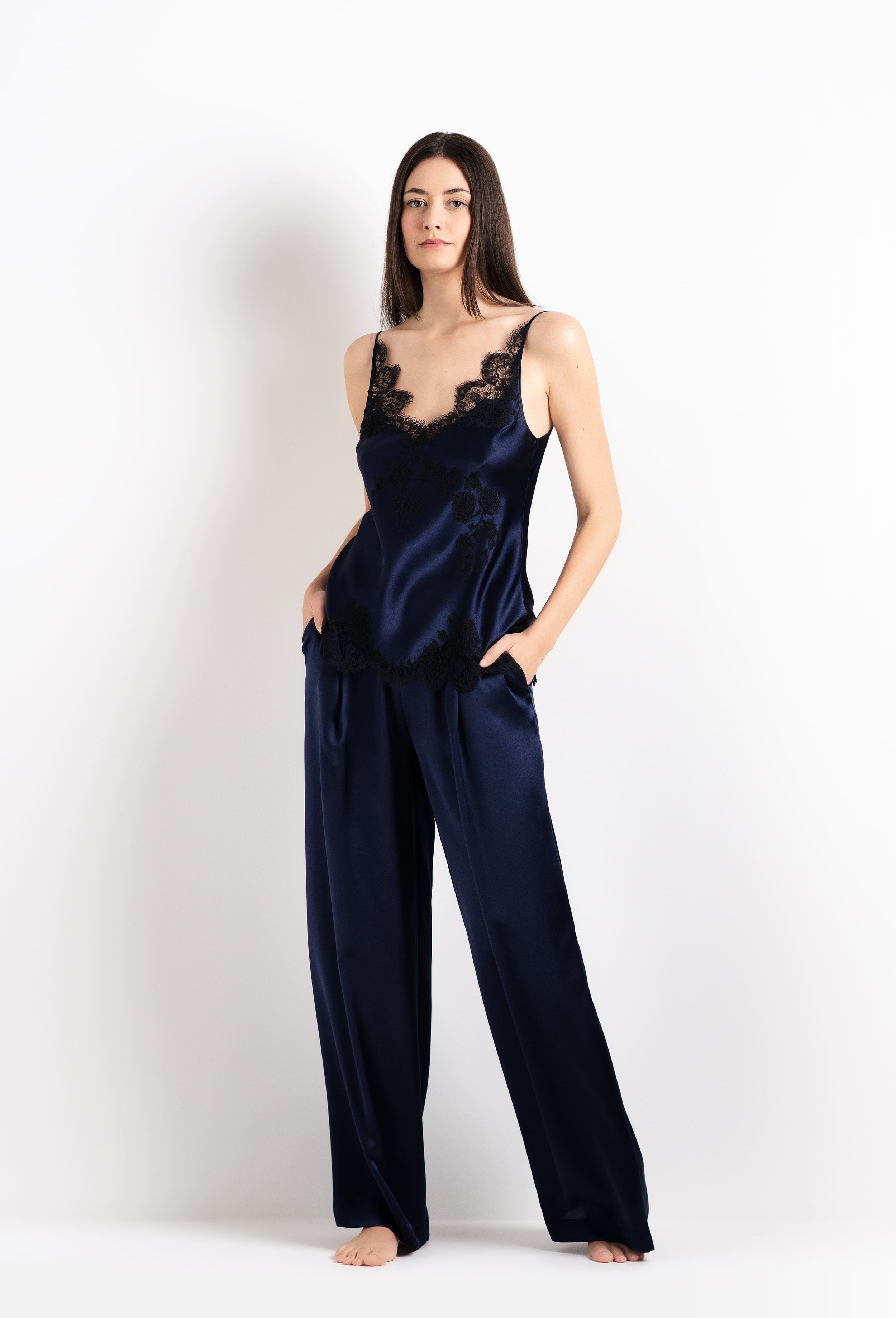 Enjoy the 2026 Cruise collection of lingerie couture from the house Carine Gilson with this Wide Leg Pajama Pants in Dark Marine Blue Silk