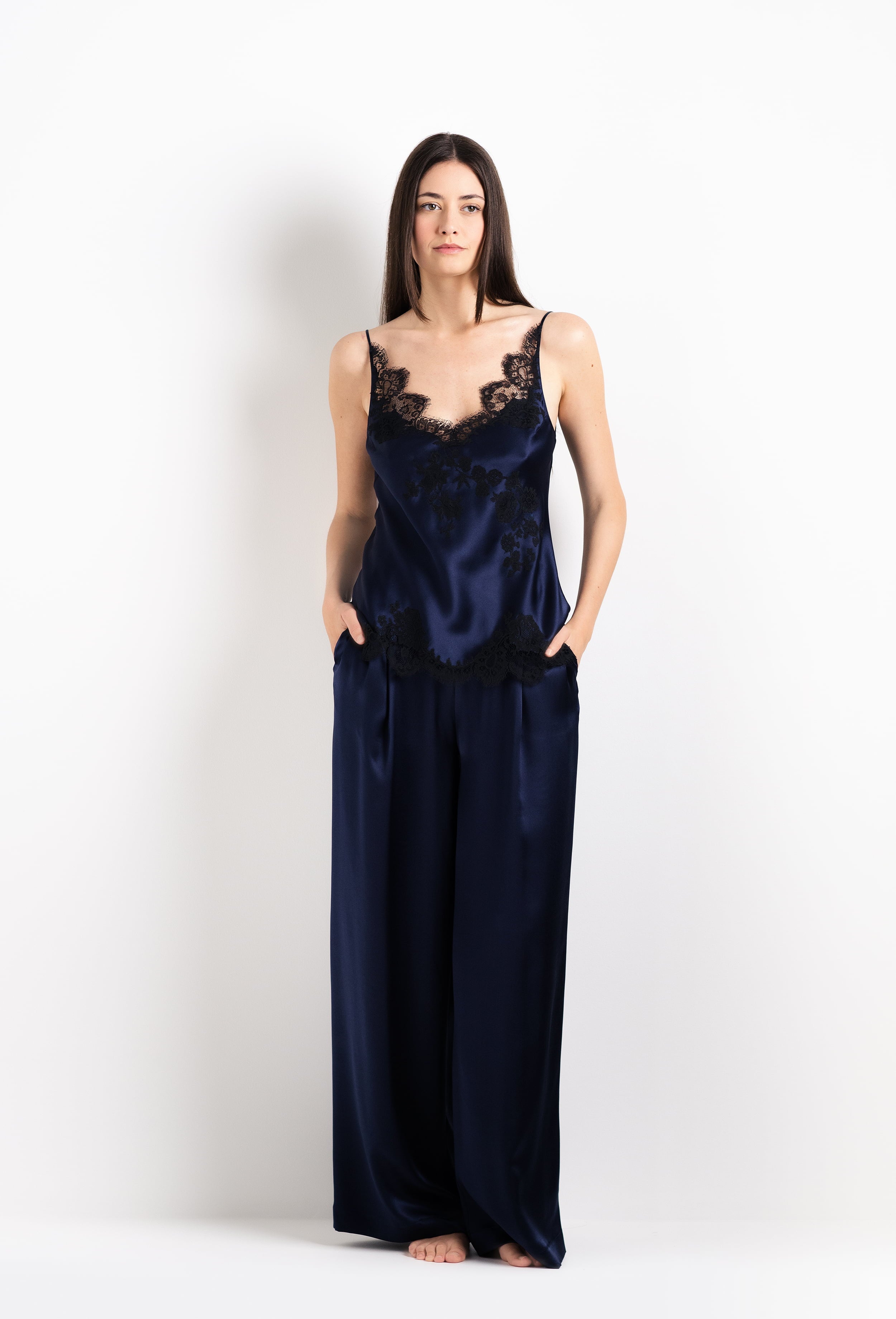 Enjoy the 2026 Cruise collection of lingerie couture from the house Carine Gilson with this Wide Leg Pajama Pants in Dark Marine Blue Silk