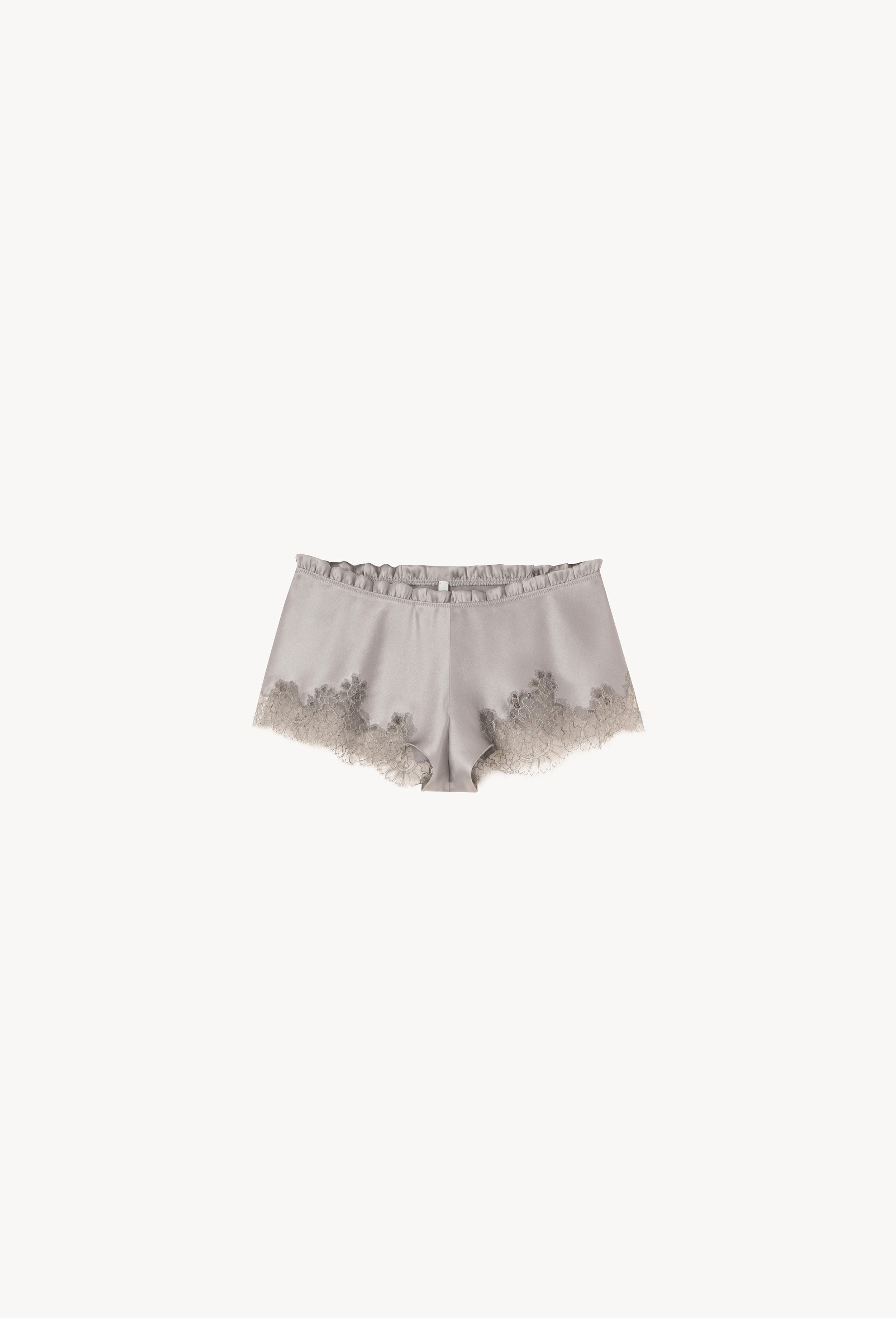 Enjoy the Hiver 2026-27 collection of lingerie couture from the house Carine Gilson with this Floaty Shorts in LeadGrey Silk with Grey lace