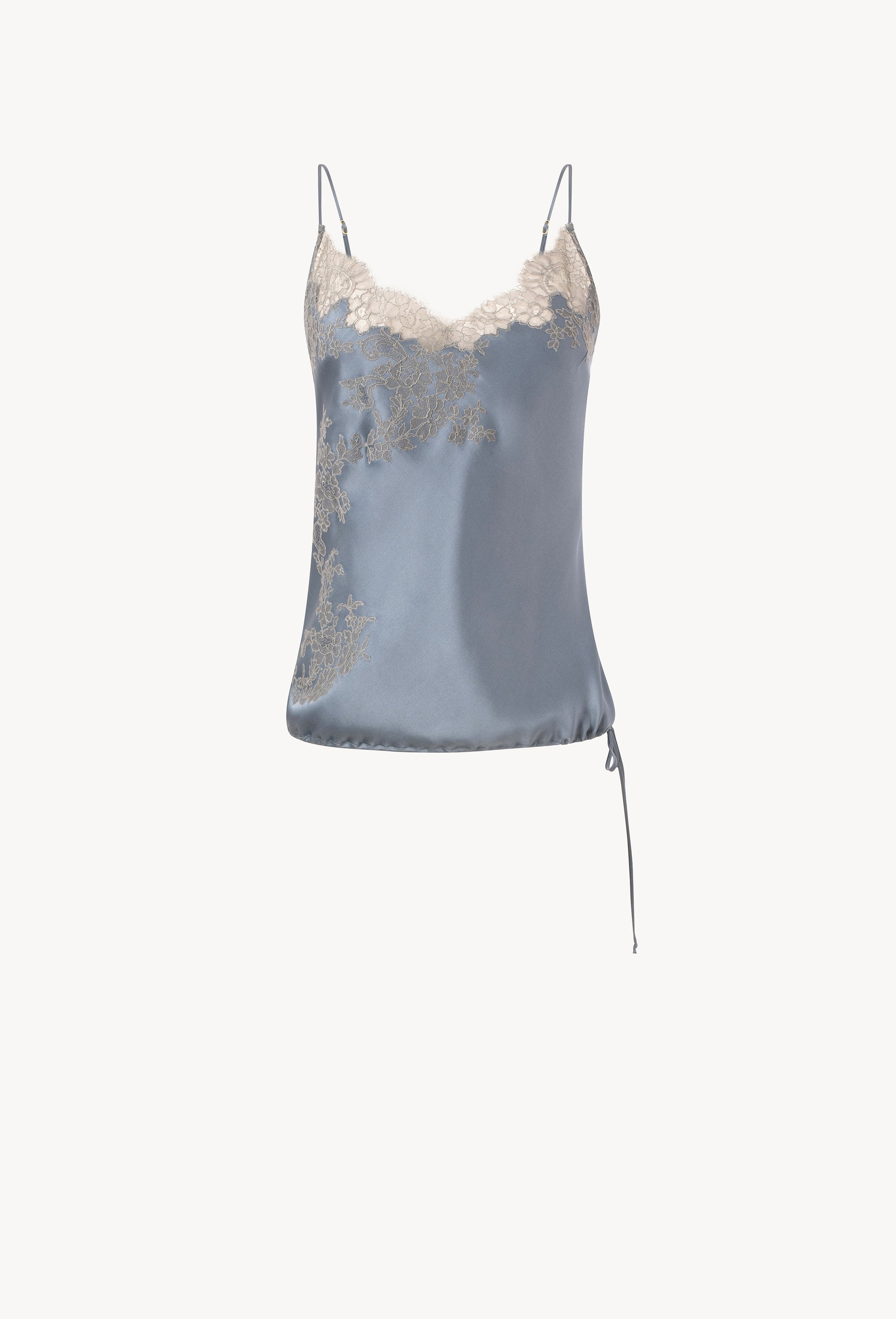 Discover the Hiver 2026-27 collection of lingerie couture from the house Carine Gilson with this camisole classic in blue stone silk with grey lace