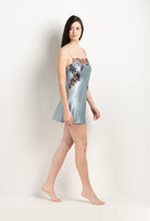 Made of silk and lace, explore the lingerie collection 2025 Winter from the house Carine Gilson with this Slip Babydoll Style Straight Neckline in Frozen blue Silk  with Ebony lace