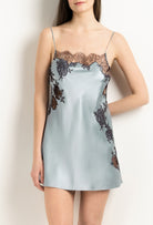 Made of silk and lace, explore the lingerie collection 2025 Winter from the house Carine Gilson with this Slip Babydoll Style Straight Neckline in Frozen blue Silk  with Ebony lace