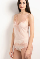 The 2025 Summer collection from the house Carine Gilson - The most beautiful couture lingerie to be discovered with this Camisole V Neckline in powder pink Silk  with light rose lace