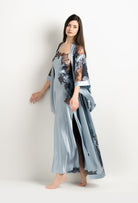 Be seduced by Carine Gilson most beautiful silk lingerie collection with this Long Gown Straight Neckline in Frozen blue Silk  with Ebony lace
