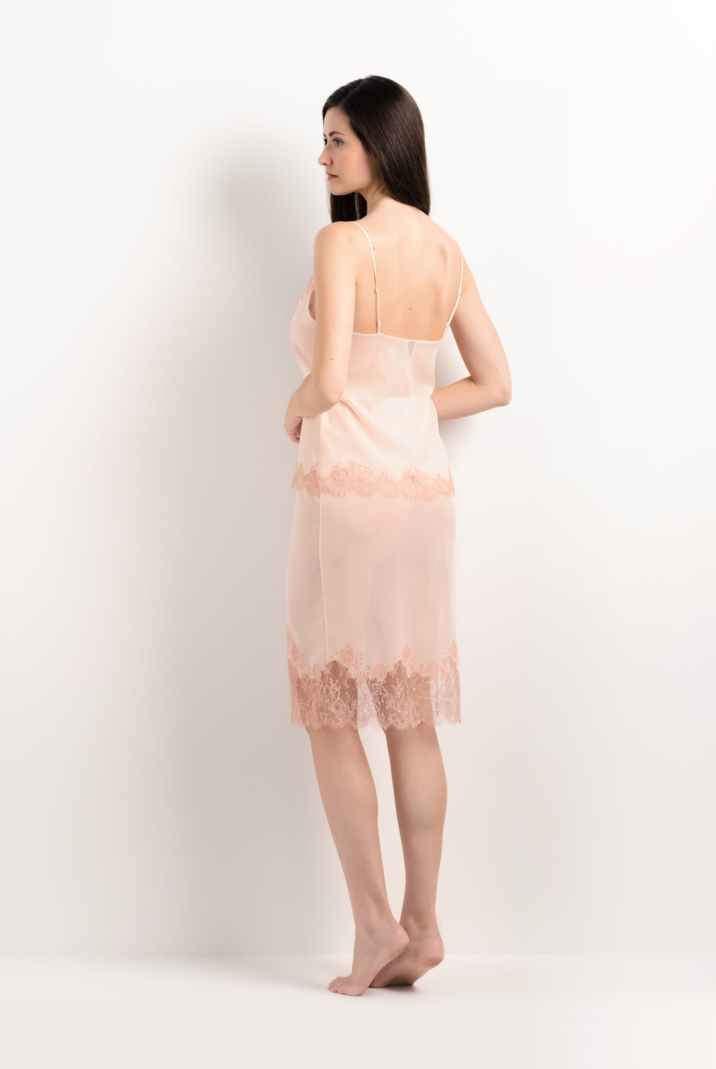 Discover the 2025 Summer collection of lingerie couture from the house Carine Gilson with this Half Slip Silk satin in powder pink Silk with light rose lace