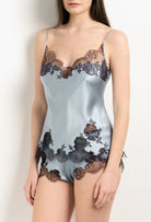 Discover the 2025 Winter collection of lingerie couture from the house Carine Gilson with this Camisole V Neckline in Frozen blue Silk  with Ebony lace