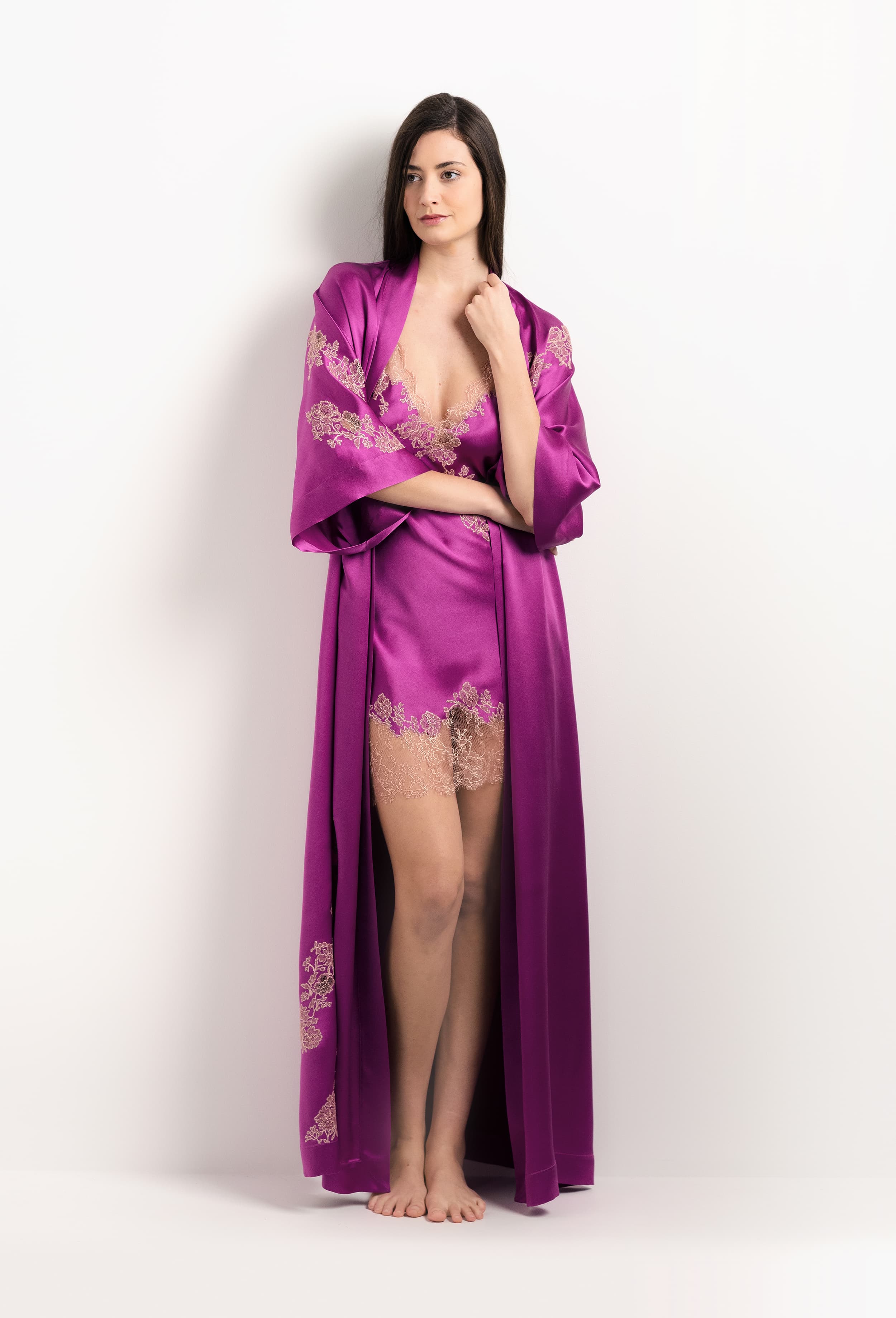 Be seduced by Carine Gilson most beautiful silk lingerie collection with this Slip Babydoll Style V Neckline in Cassis Silk  with light rose lace