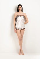 Enjoy the 2025 Winter collection of lingerie couture from the house Carine Gilson with this Camisole Straight Neckline in Pearl Silk with Ebony lace