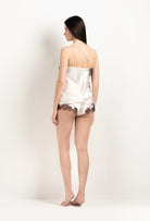 The 2025 Winter collection from the house Carine Gilson - The most beautiful couture lingerie to be discovered with this Floaty Shorts in Pearl Silk  with Ebony lace