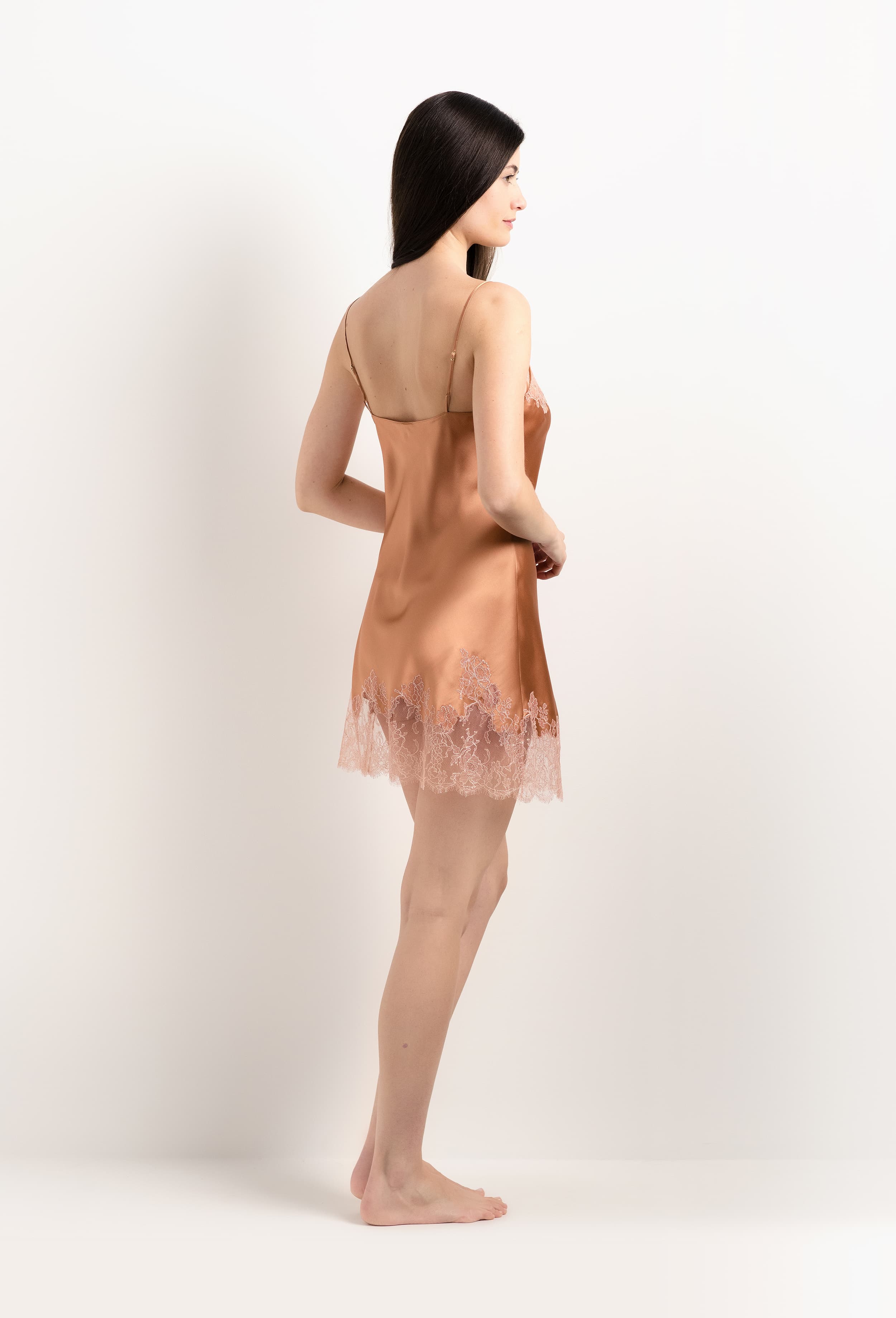 Be seduced by Carine Gilson most beautiful silk lingerie collection with this Slip Babydoll Style Straight Neckline in Sahara tan Silk with light rose lace