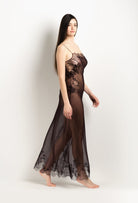 Enjoy the 2025 Winter collection of lingerie couture from the house Carine Gilson with this Long Gown Straight Neckline in Ebony Silk  with Ebony lace