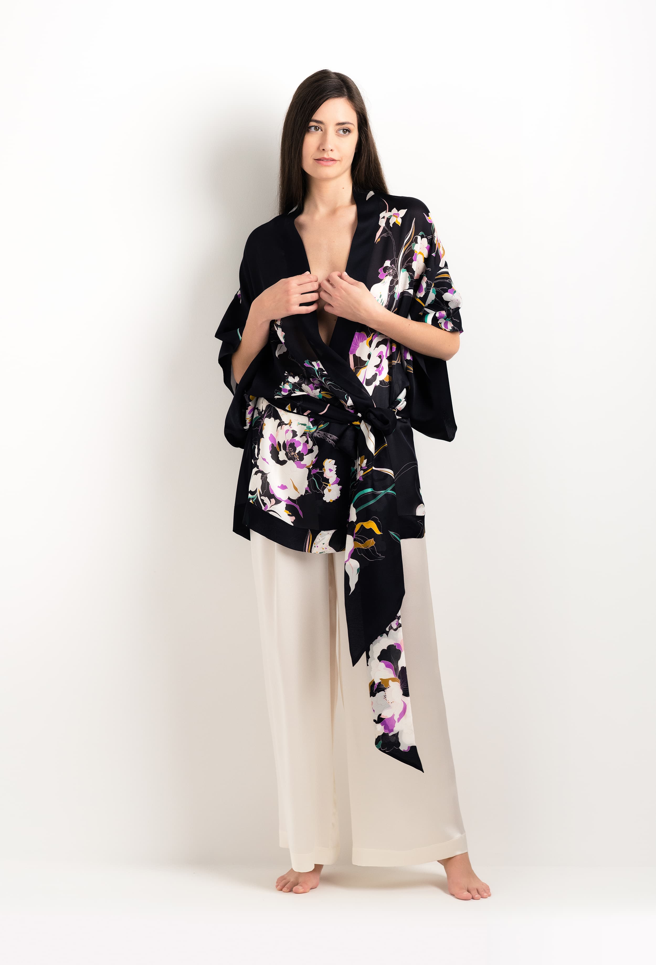 Enjoy the 2025 cruise collection of lingerie couture from the house Carine Gilson with this Short Kimono in Shadow of paradise Black Silk