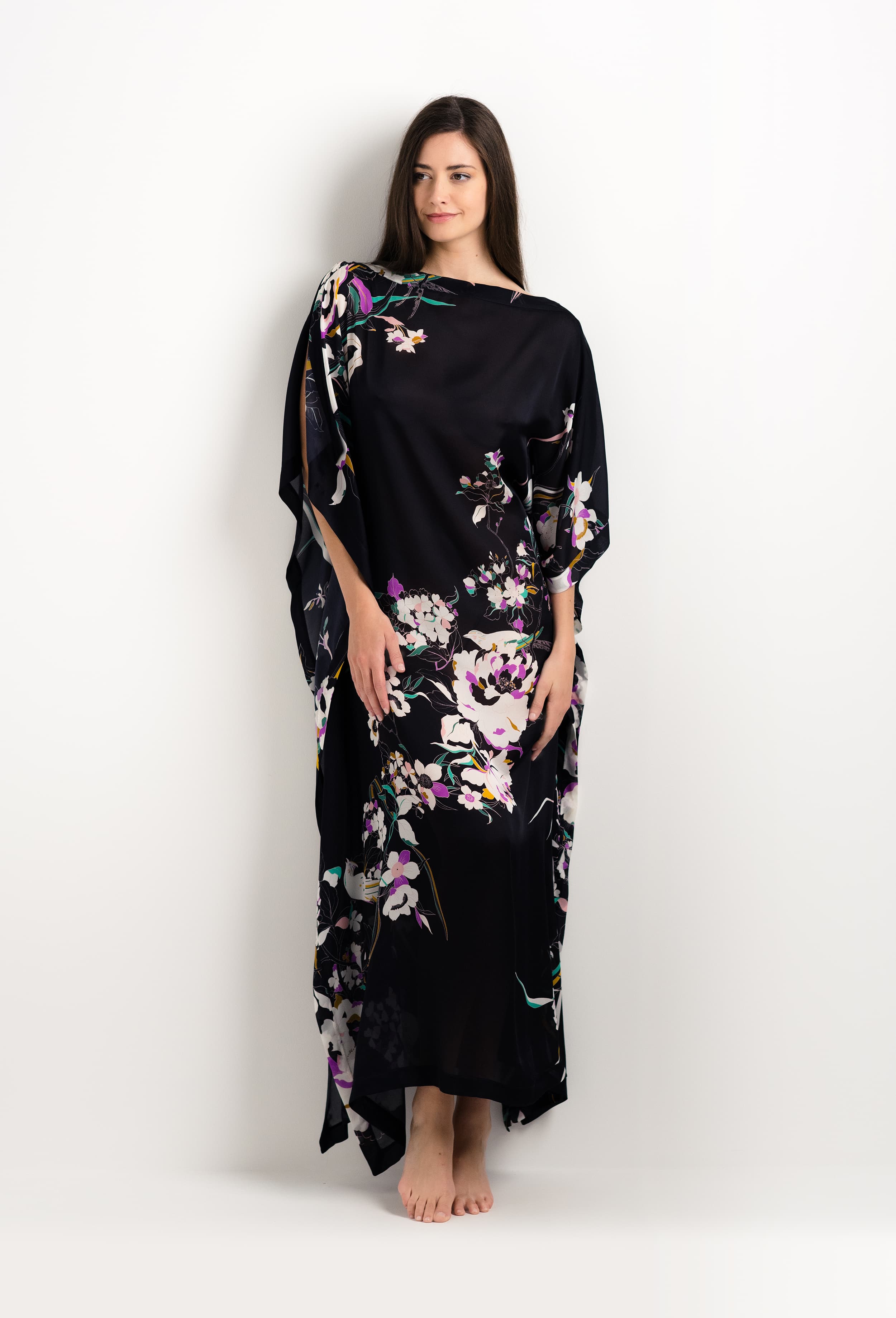 Discover the 2025 cruise collection of lingerie couture from the house Carine Gilson with this Long Dress with 2 Silk Carre in Shadow of paradise Black Silk