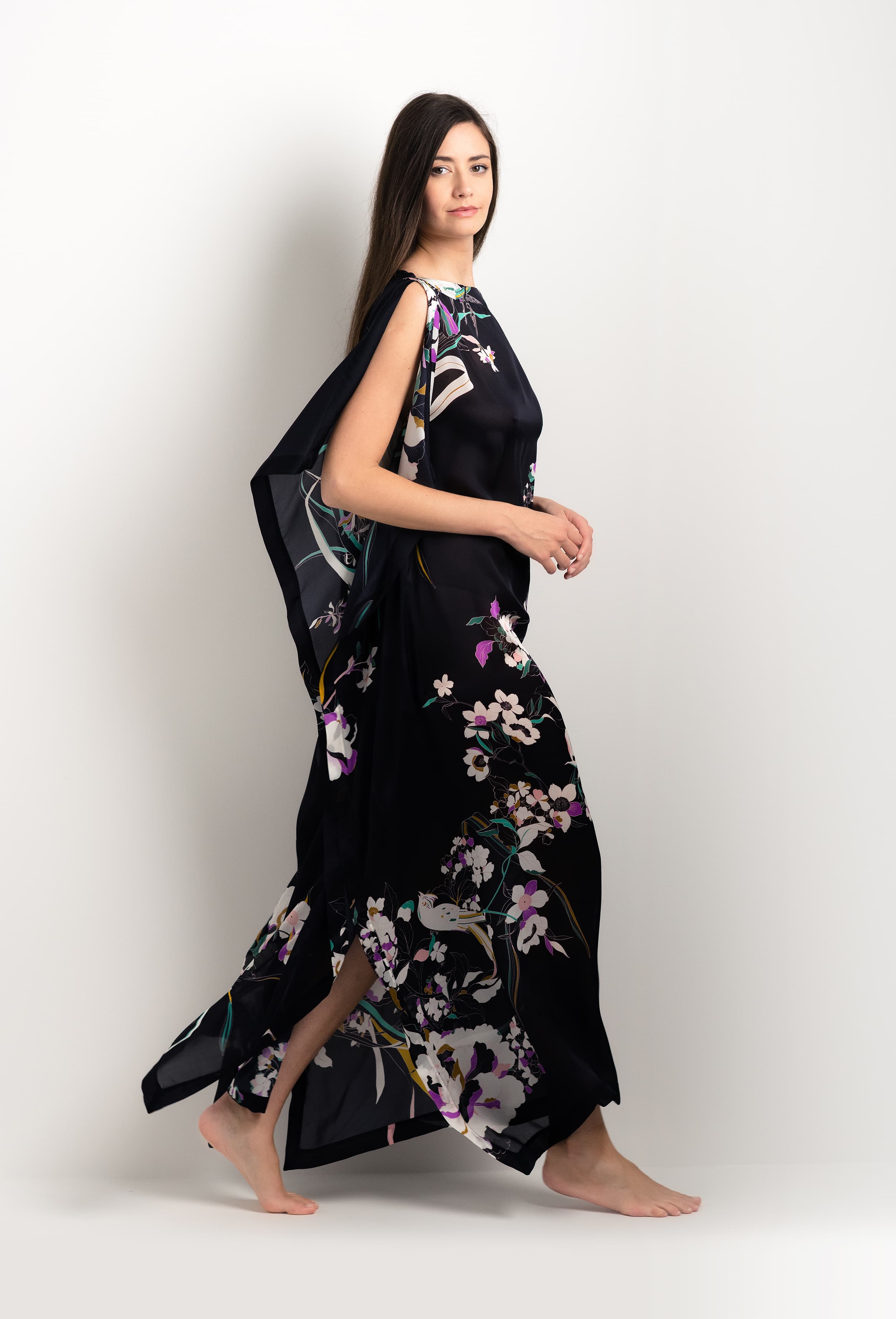 Discover the 2025 cruise collection of lingerie couture from the house Carine Gilson with this Long Dress with 2 Silk Carre in Shadow of paradise Black Silk