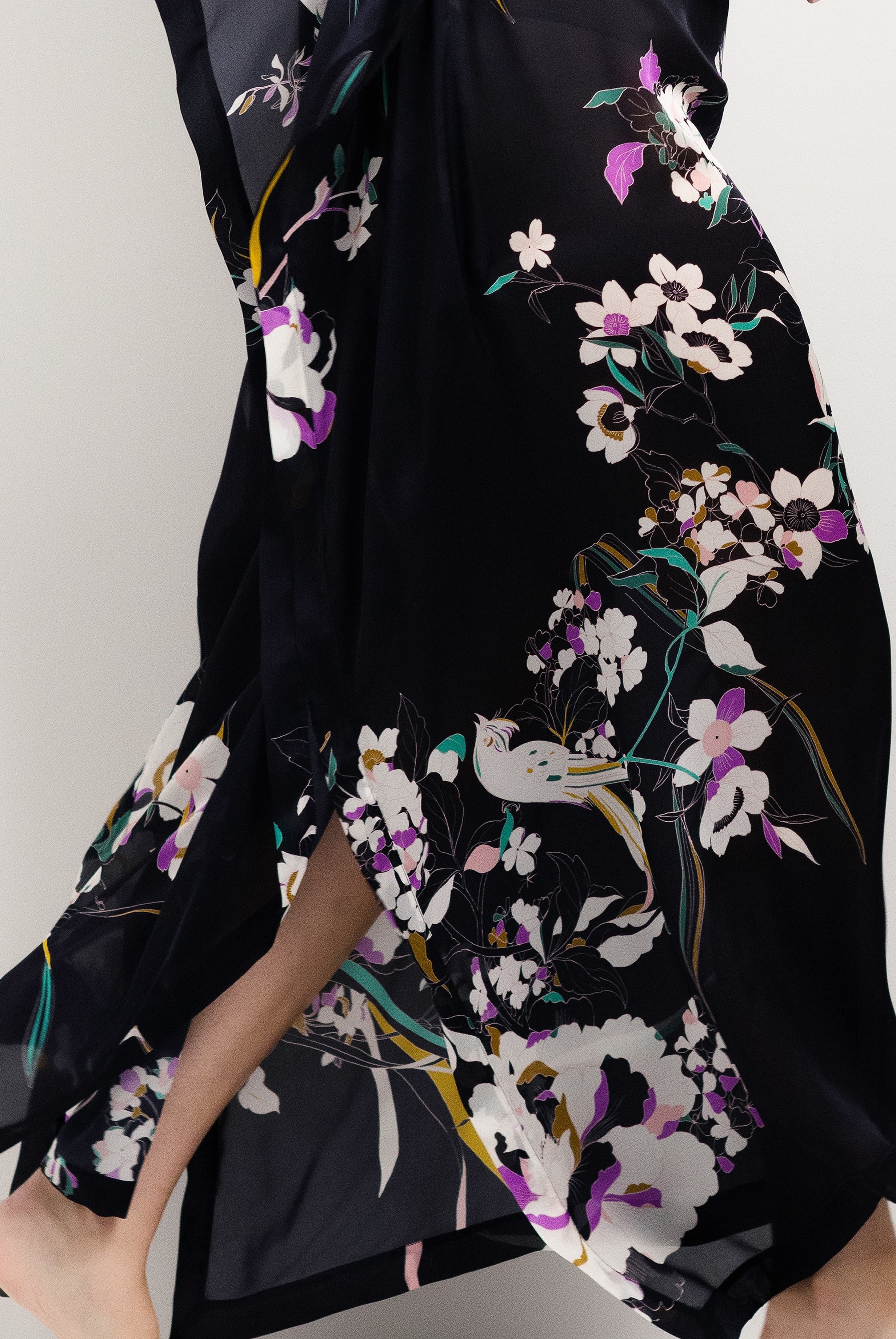Discover the 2025 cruise collection of lingerie couture from the house Carine Gilson with this Long Dress with 2 Silk Carre in Shadow of paradise Black Silk