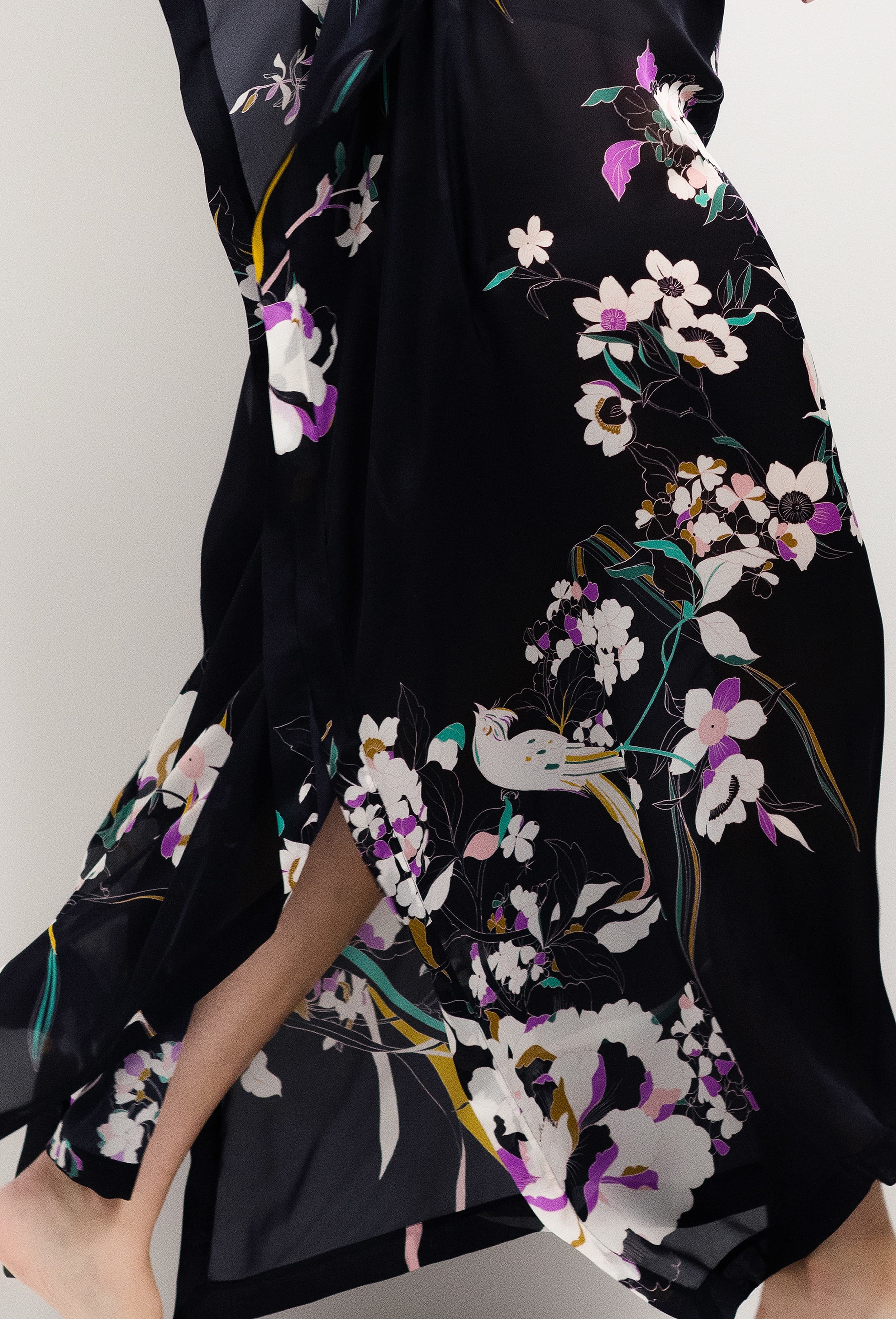 Discover the 2025 cruise collection of lingerie couture from the house Carine Gilson with this Long Dress with 2 Silk Carre in Shadow of paradise Black Silk