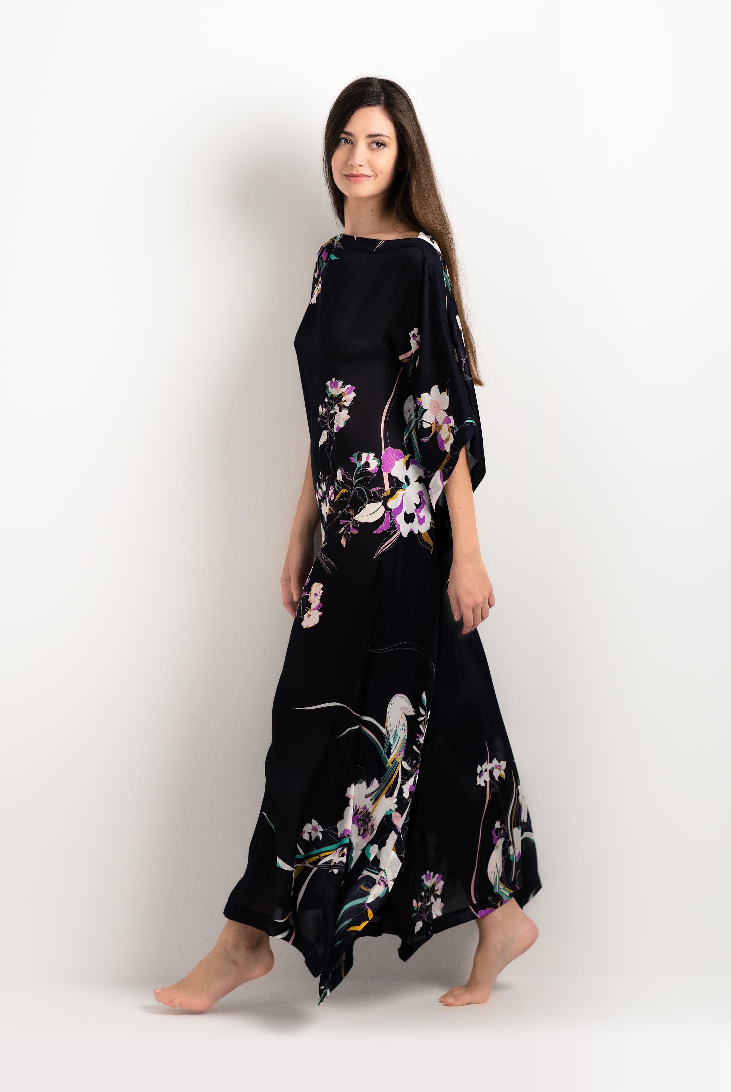 Discover the 2025 cruise collection of lingerie couture from the house Carine Gilson with this Long Dress with 2 Silk Carre in Shadow of paradise Black Silk