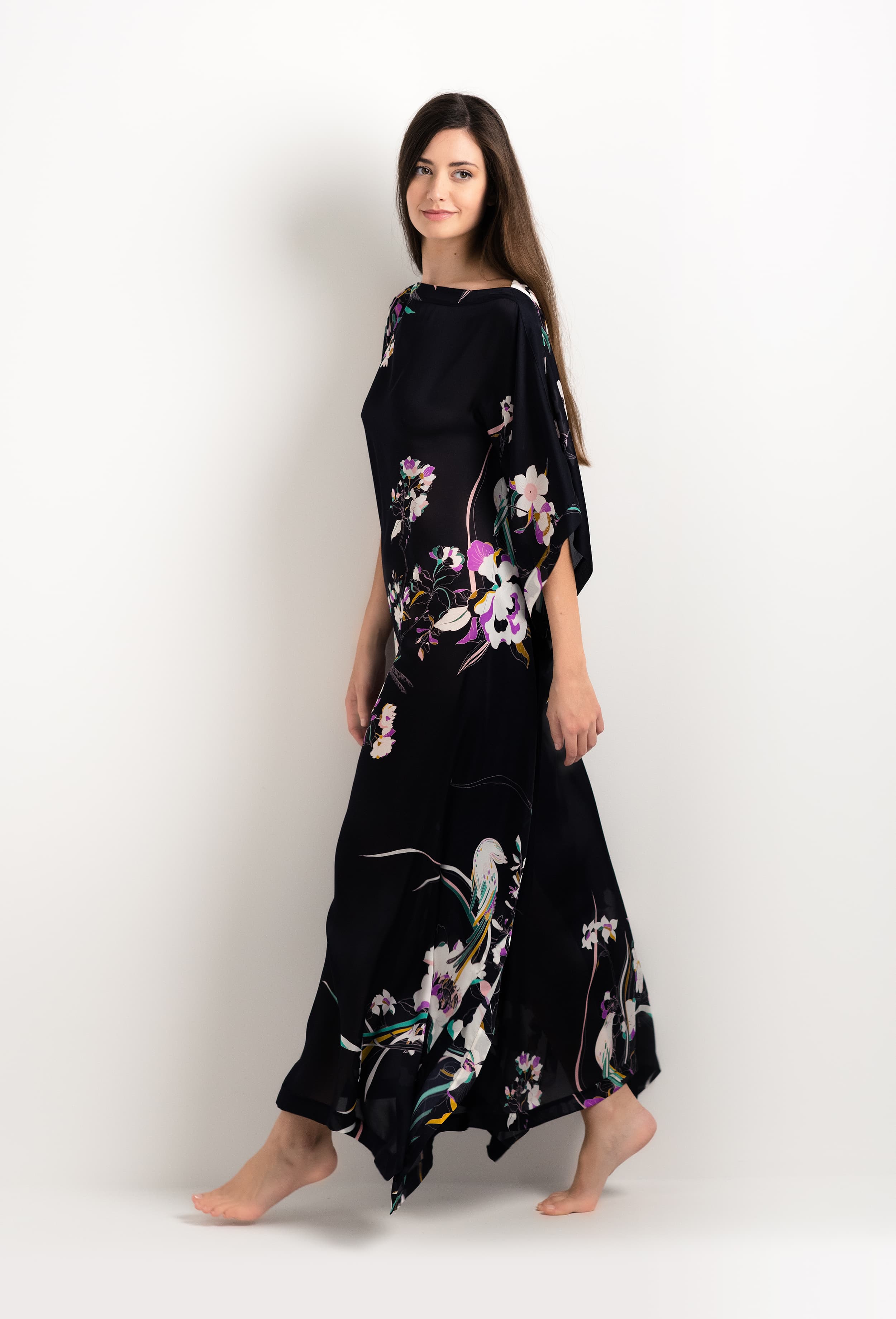 Discover the 2025 cruise collection of lingerie couture from the house Carine Gilson with this Long Dress with 2 Silk Carre in Shadow of paradise Black Silk