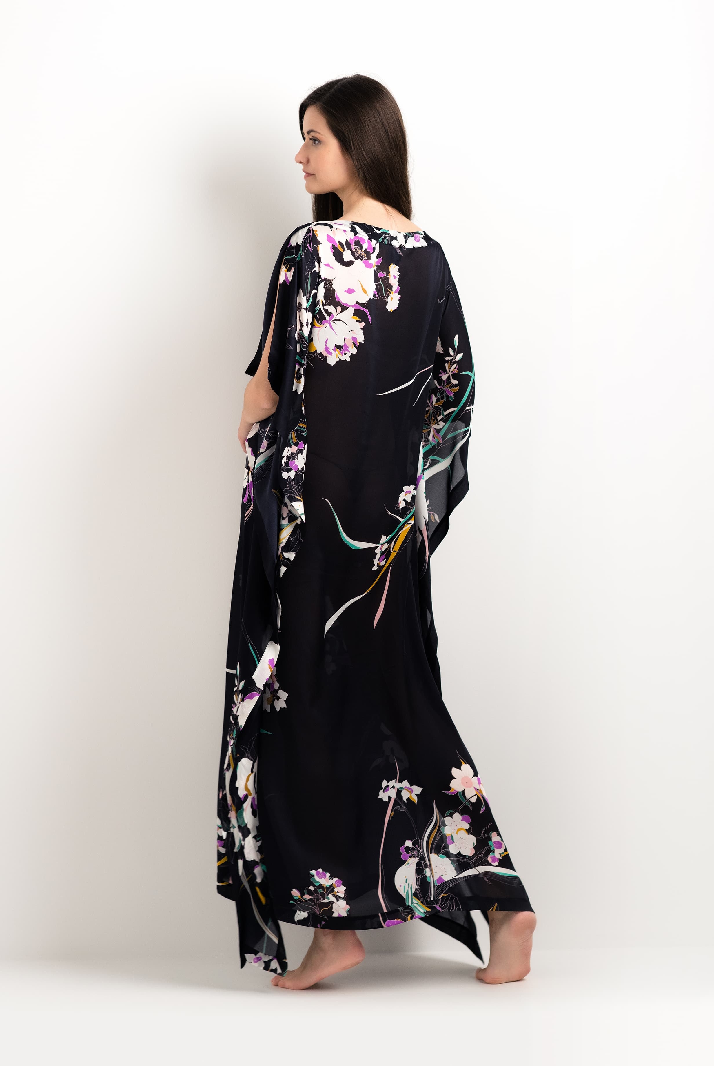 Discover the 2025 cruise collection of lingerie couture from the house Carine Gilson with this Long Dress with 2 Silk Carre in Shadow of paradise Black Silk