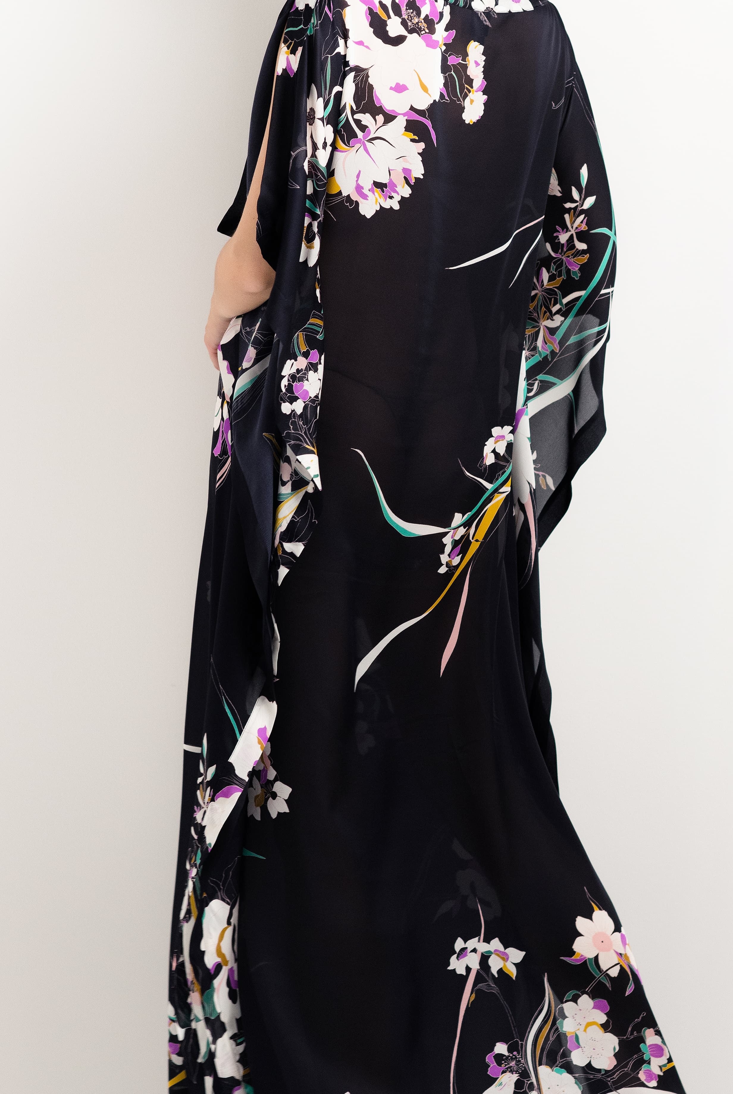 Discover the 2025 cruise collection of lingerie couture from the house Carine Gilson with this Long Dress with 2 Silk Carre in Shadow of paradise Black Silk