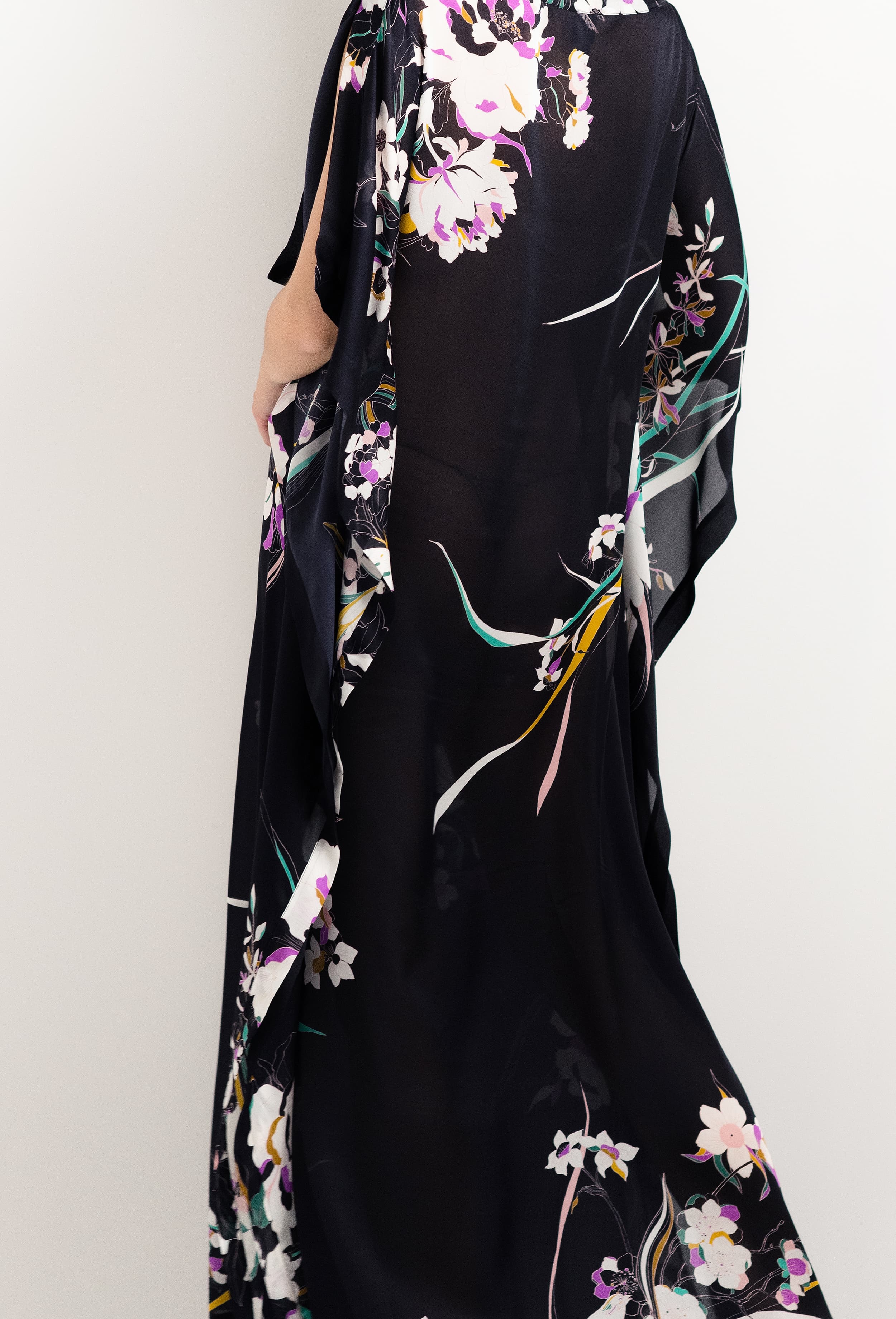Discover the 2025 cruise collection of lingerie couture from the house Carine Gilson with this Long Dress with 2 Silk Carre in Shadow of paradise Black Silk