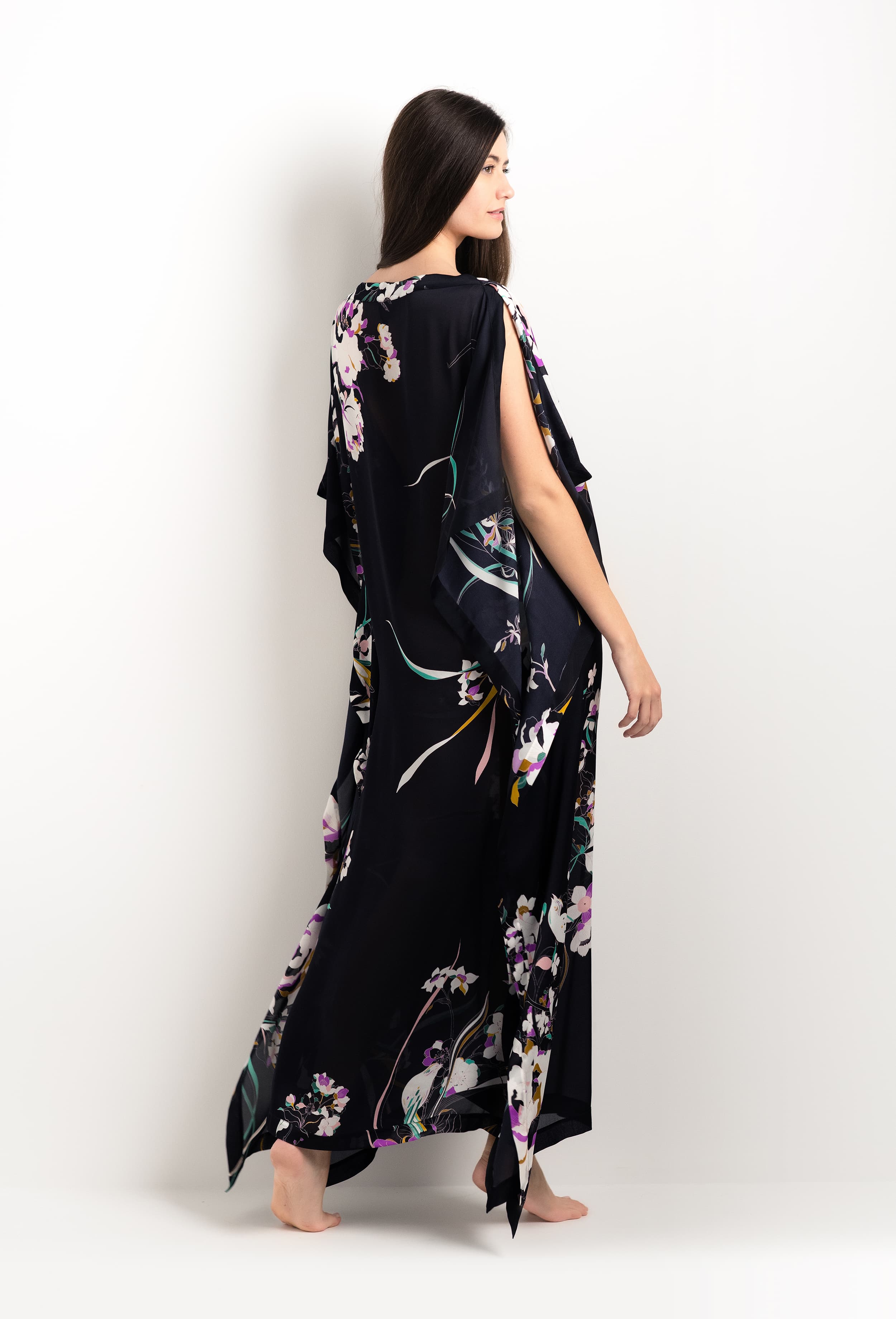 Discover the 2025 cruise collection of lingerie couture from the house Carine Gilson with this Long Dress with 2 Silk Carre in Shadow of paradise Black Silk