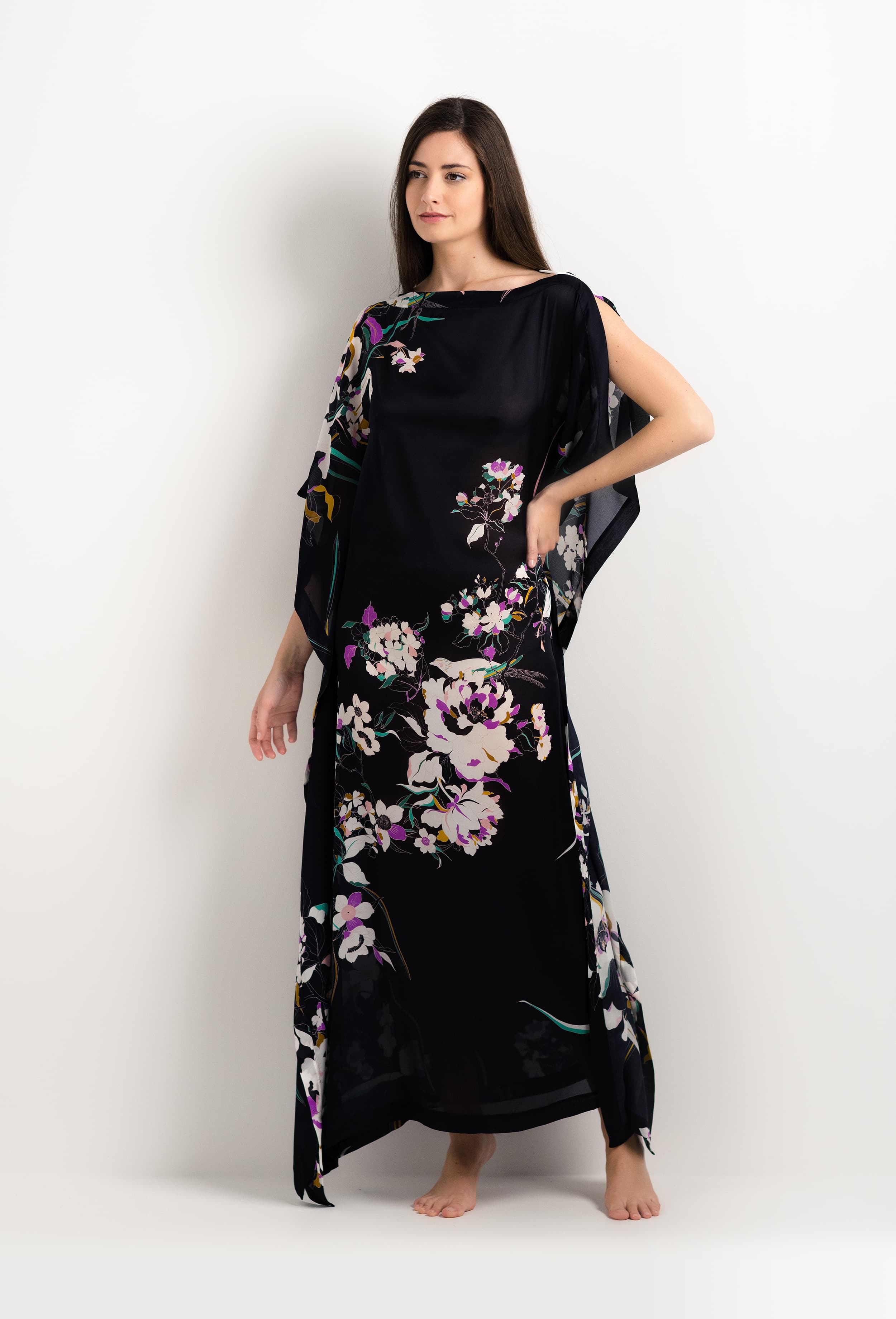 Discover the 2025 cruise collection of lingerie couture from the house Carine Gilson with this Long Dress with 2 Silk Carre in Shadow of paradise Black Silk