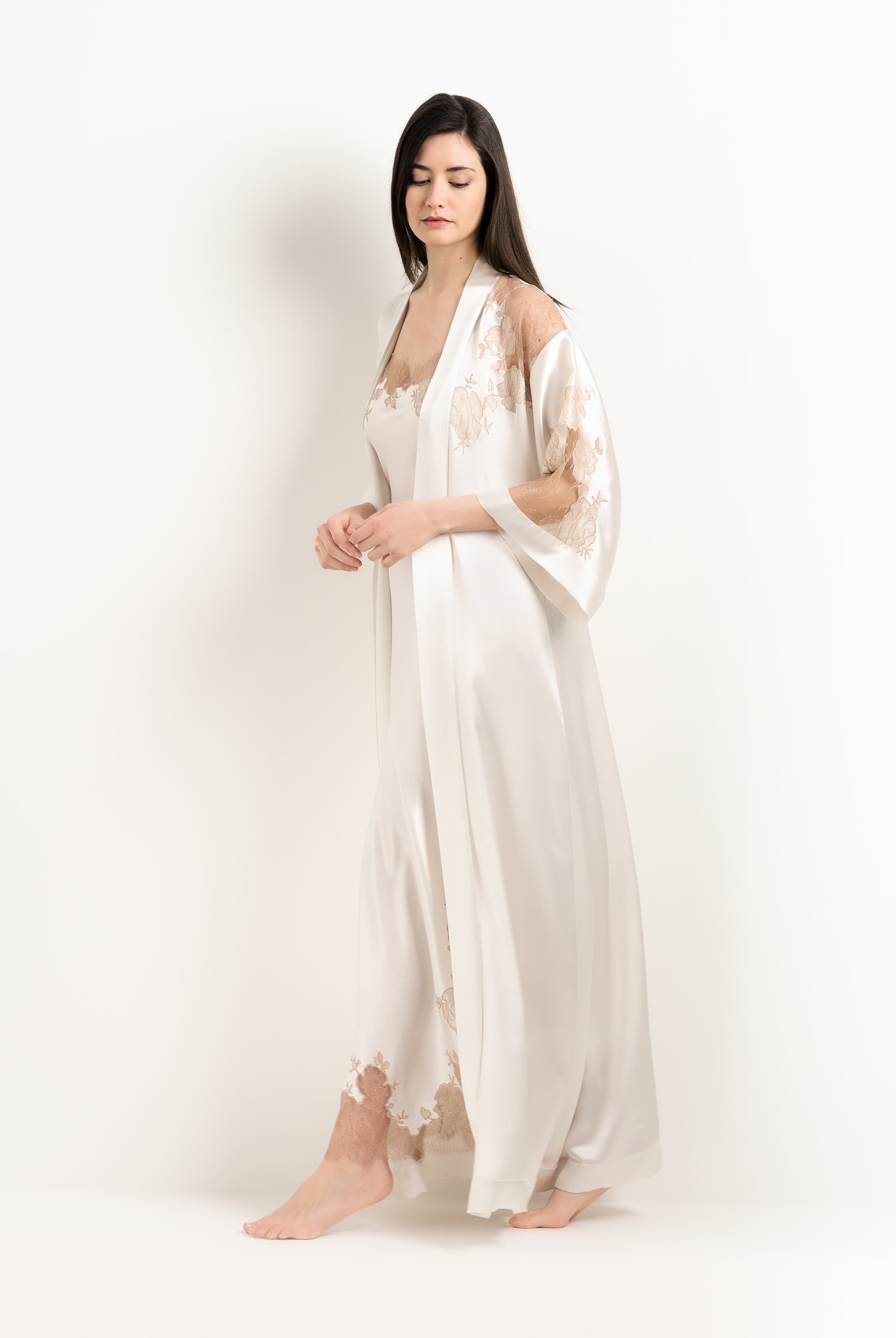 Be seduced by Carine Gilson most beautiful silk lingerie collection with this Long Gown Straight Neckline in ivory Silk with Vison lace