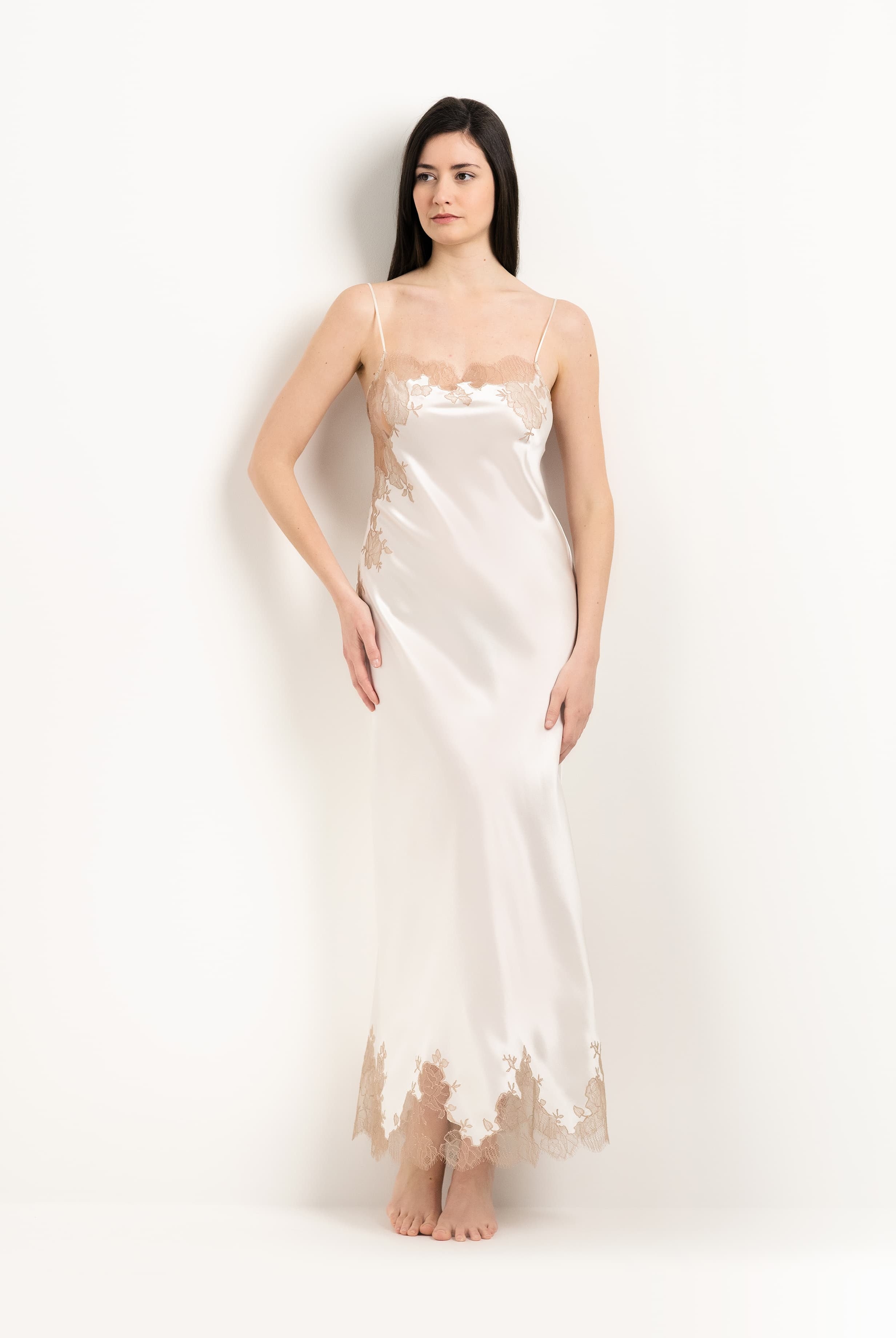 Be seduced by Carine Gilson most beautiful silk lingerie collection with this Long Gown Straight Neckline in ivory Silk with Vison lace