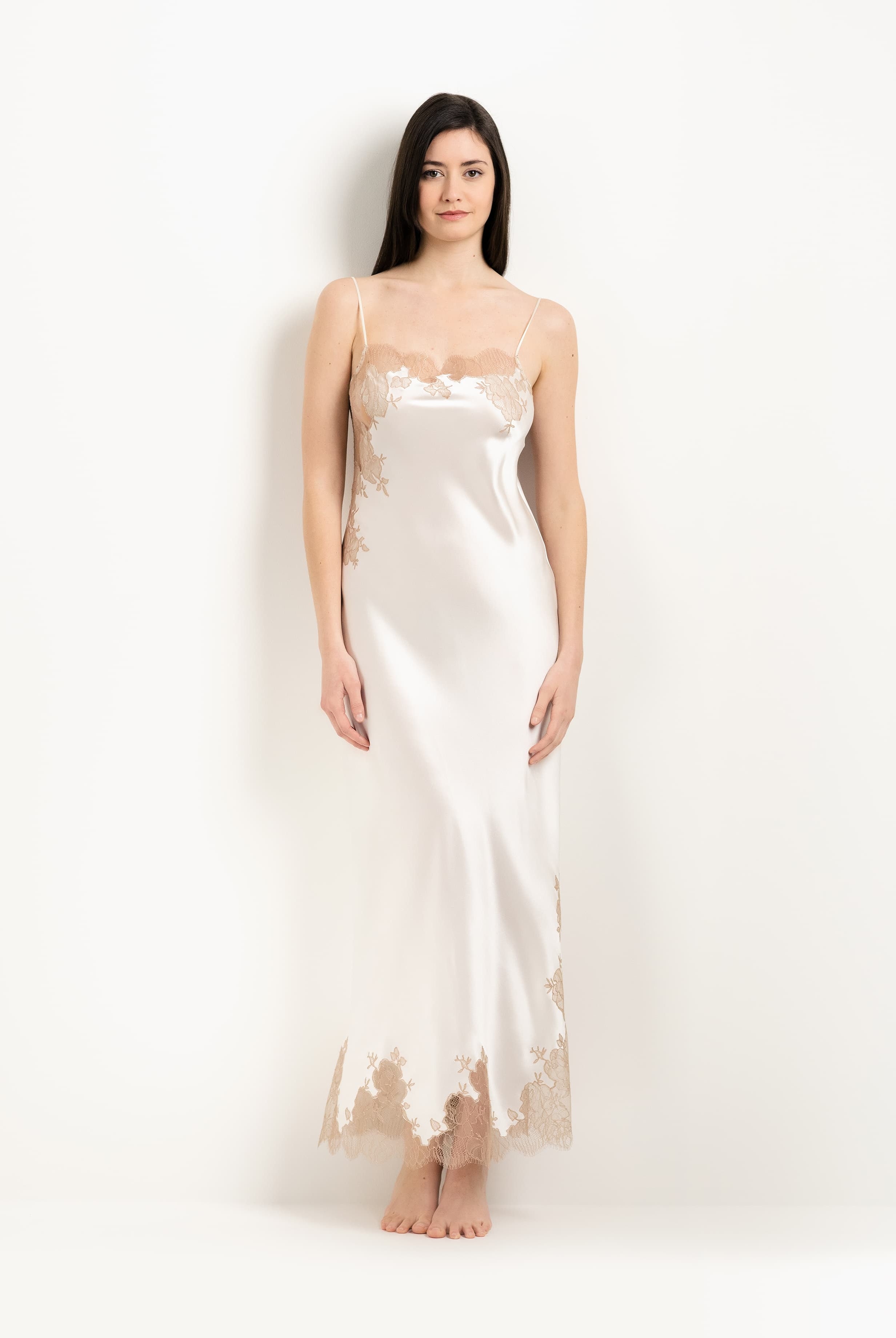 Be seduced by Carine Gilson most beautiful silk lingerie collection with this Long Gown Straight Neckline in ivory Silk with Vison lace
