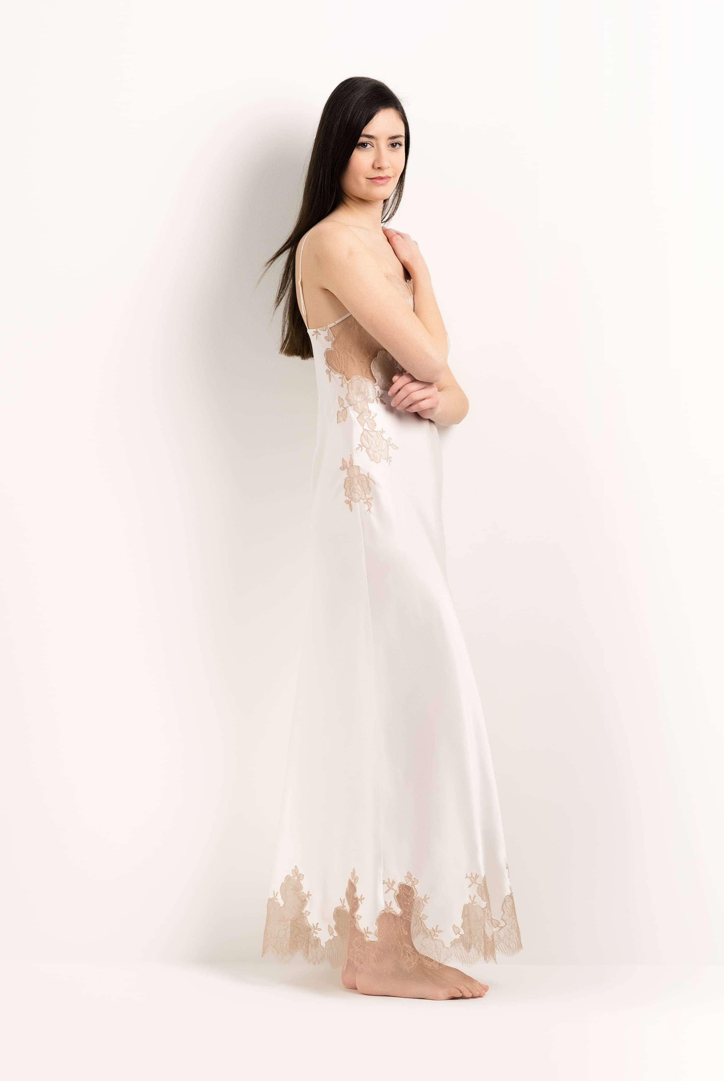 Be seduced by Carine Gilson most beautiful silk lingerie collection with this Long Gown Straight Neckline in ivory Silk with Vison lace