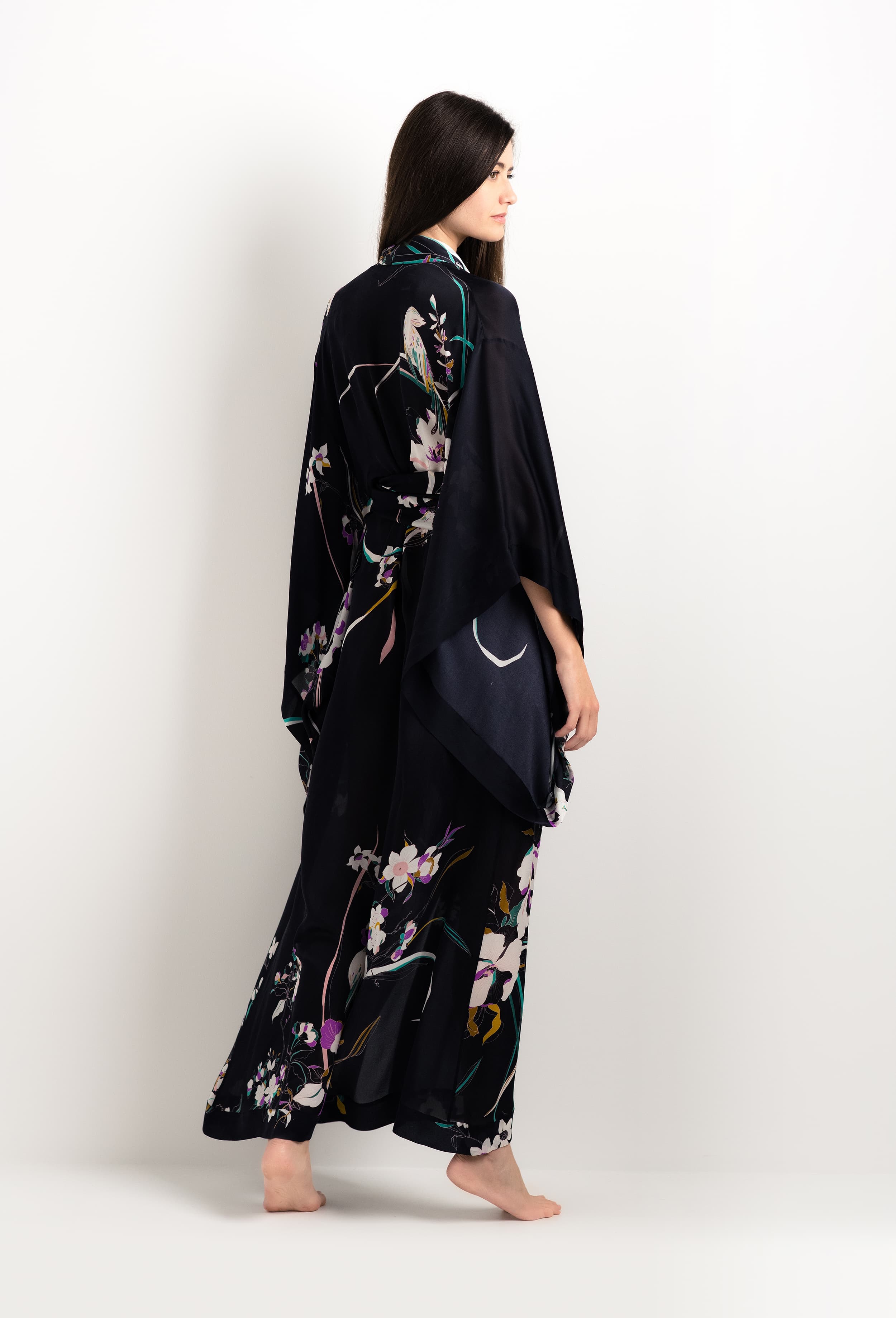 Be seduced by Carine Gilson most beautiful silk lingerie collection with this Long Kimono Butterfly Sleeves in Shadow of paradise Black Silk