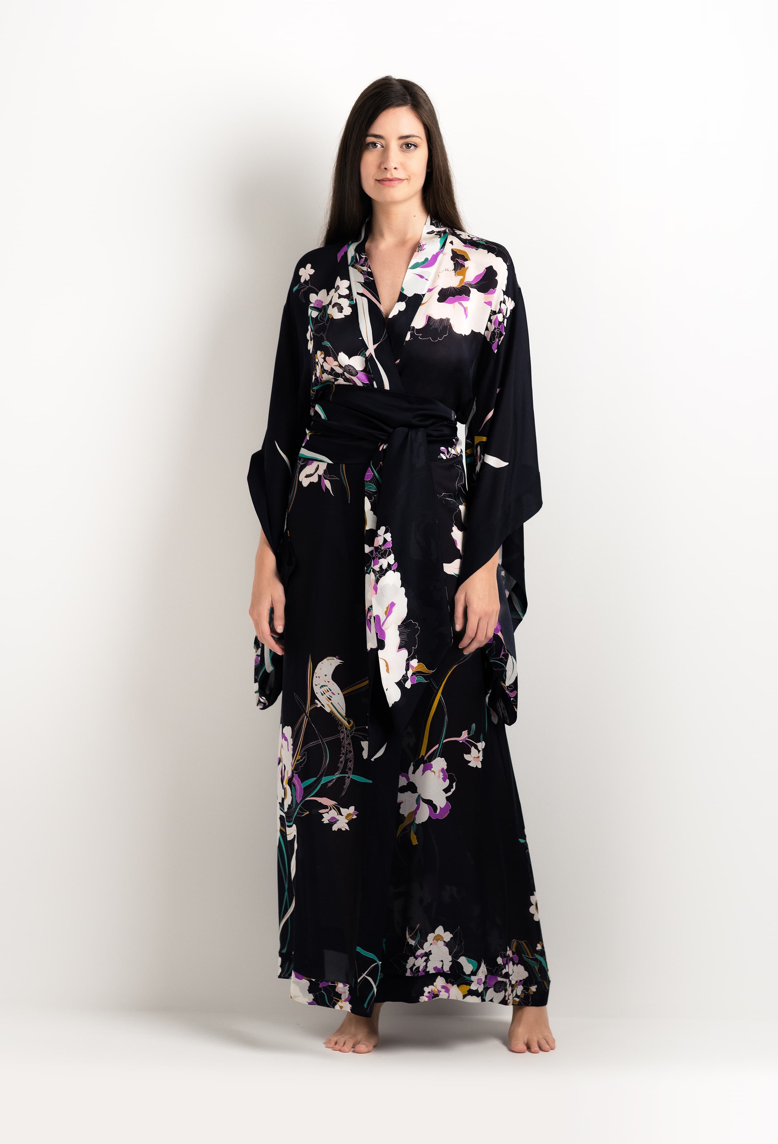 Be seduced by Carine Gilson most beautiful silk lingerie collection with this Long Kimono Butterfly Sleeves in Shadow of paradise Black Silk