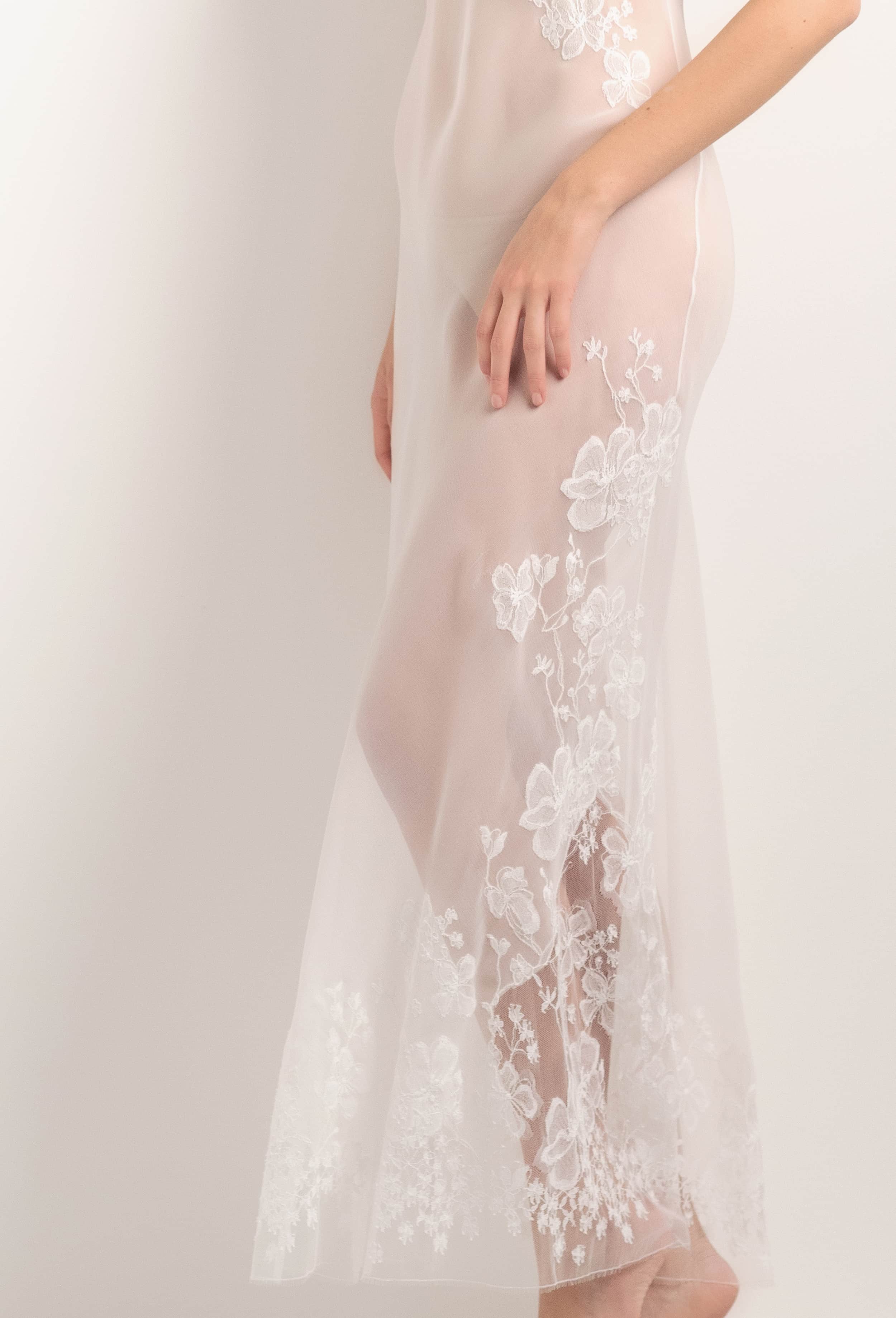 Made of silk and lace, explore the lingerie collection 2025 Summer from the house Carine Gilson with this Long Gown Straight Neckline in Natural Silk  with Natural lace
