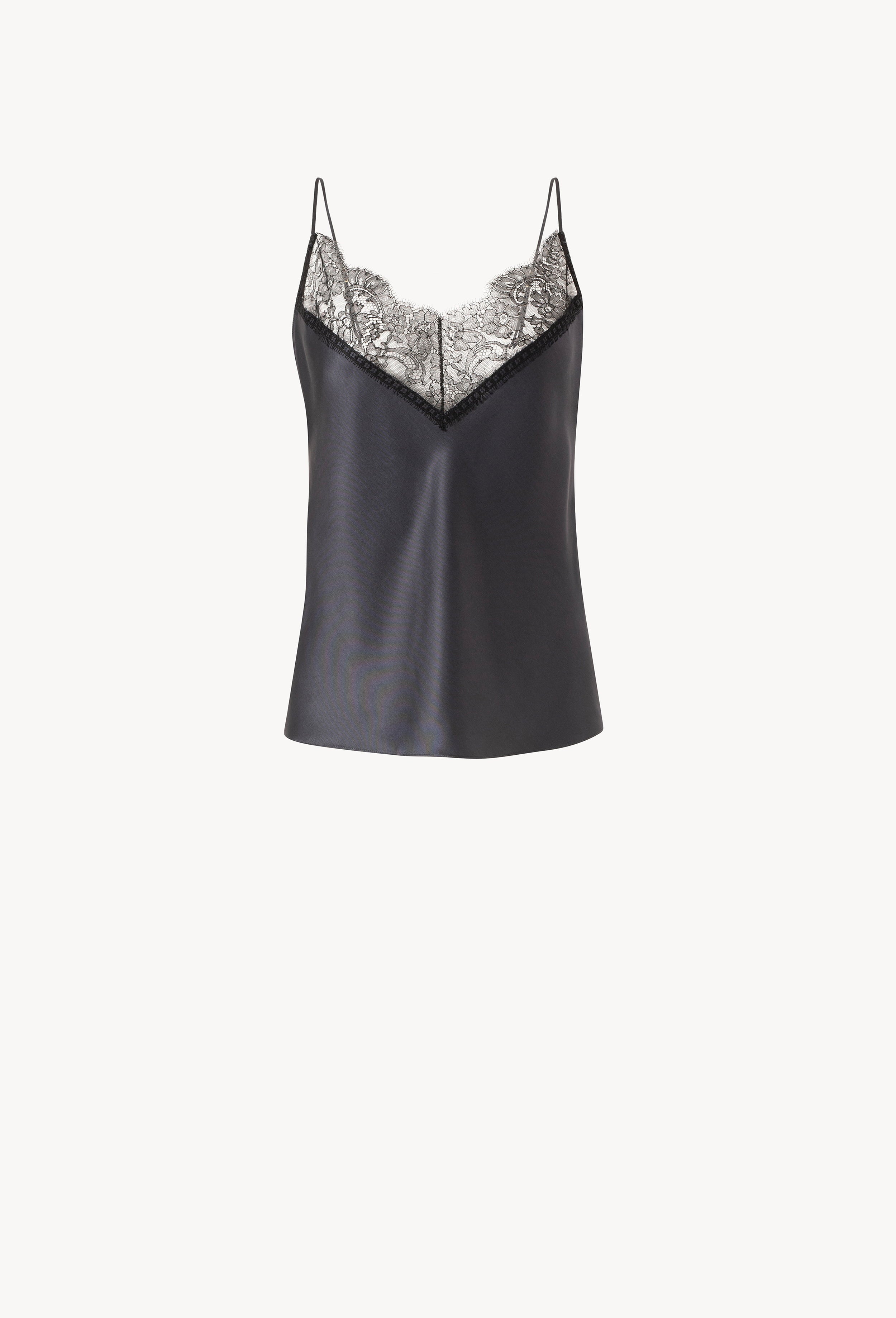The Winter 2026-27 collection from the house Carine Gilson - The most beautiful couture lingerie to be discovered with this Camisole Classic in DarkGrey Silk with black lace