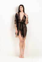 Discover the 2025 Winter collection of lingerie couture from the house Carine Gilson with this Kimono Raglan Style in Black Silk  with Vison lace